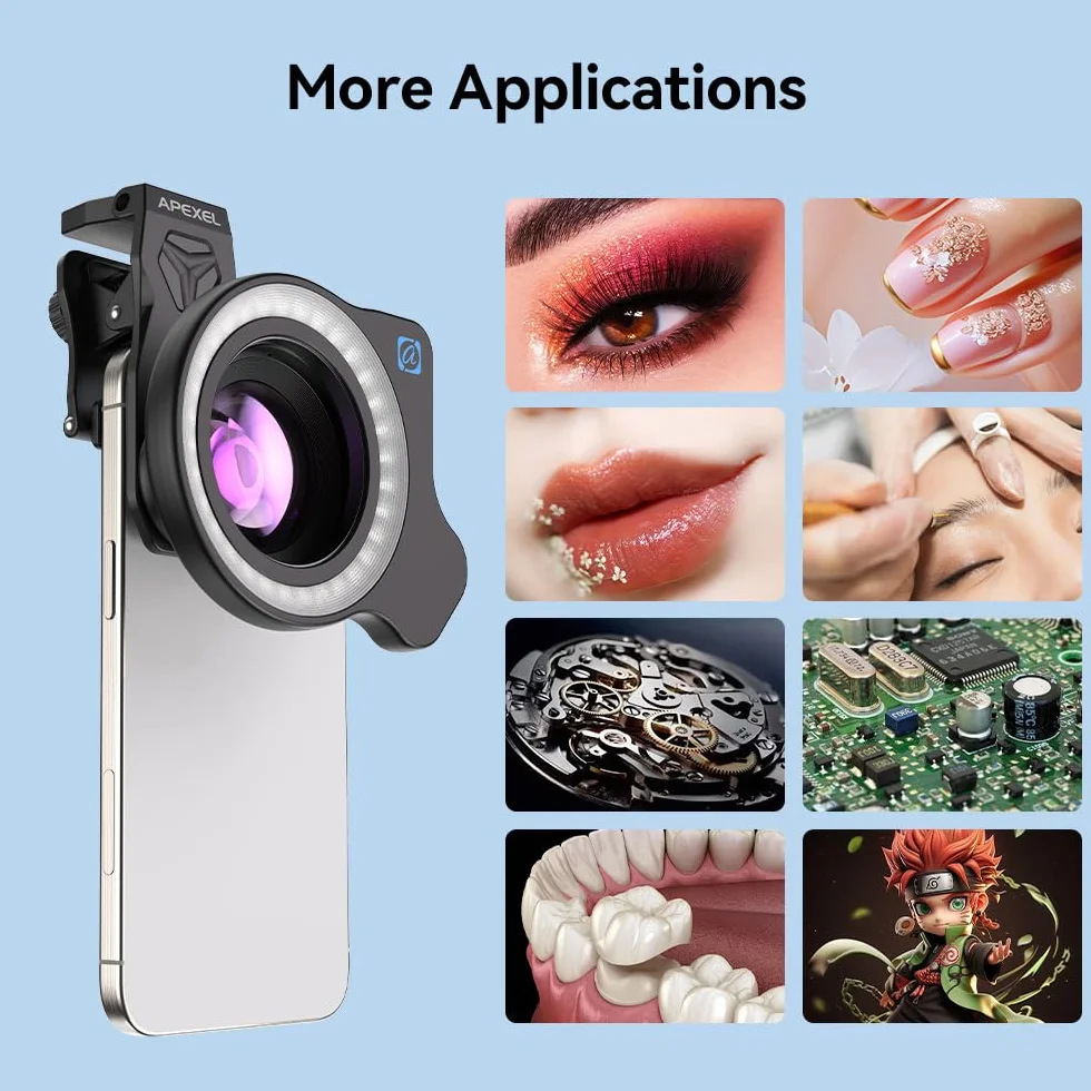 APEXEL HB100 Ultra HD obiektyw makro do telefonu z 45 opcjami oświetlenia i antyrefleksyjnym obiektywem makro AF nadaje się do iPhone, Samsung, Pixel i innych smartfonów