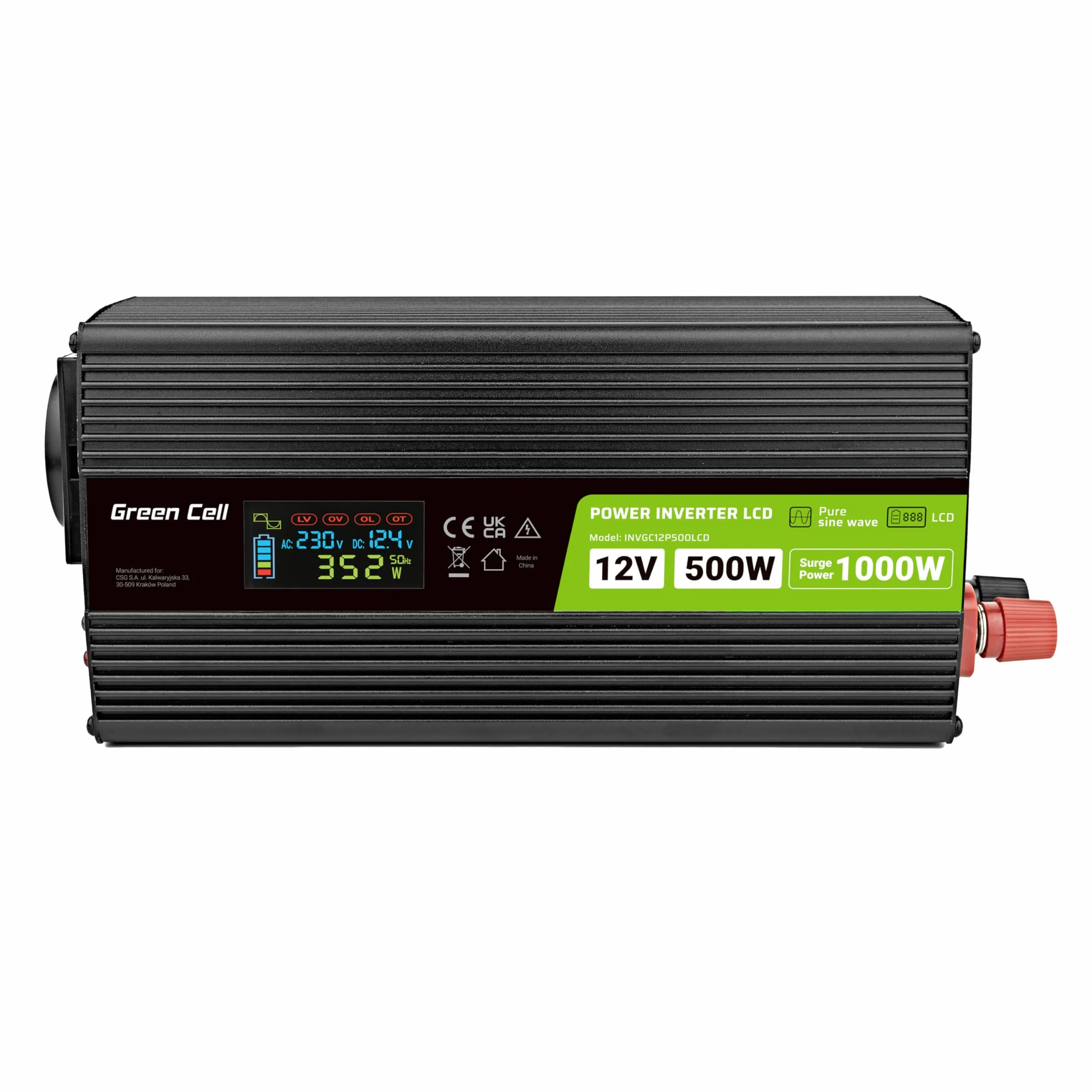 Green Cell Przetwornica napięcia LCD 500 W/1000 W 12 V do 230 V Czysty konwerter napięcia sinusoidalnego PowerInverter DC AC Karawana przetwornica napięcia sinusoidalnego