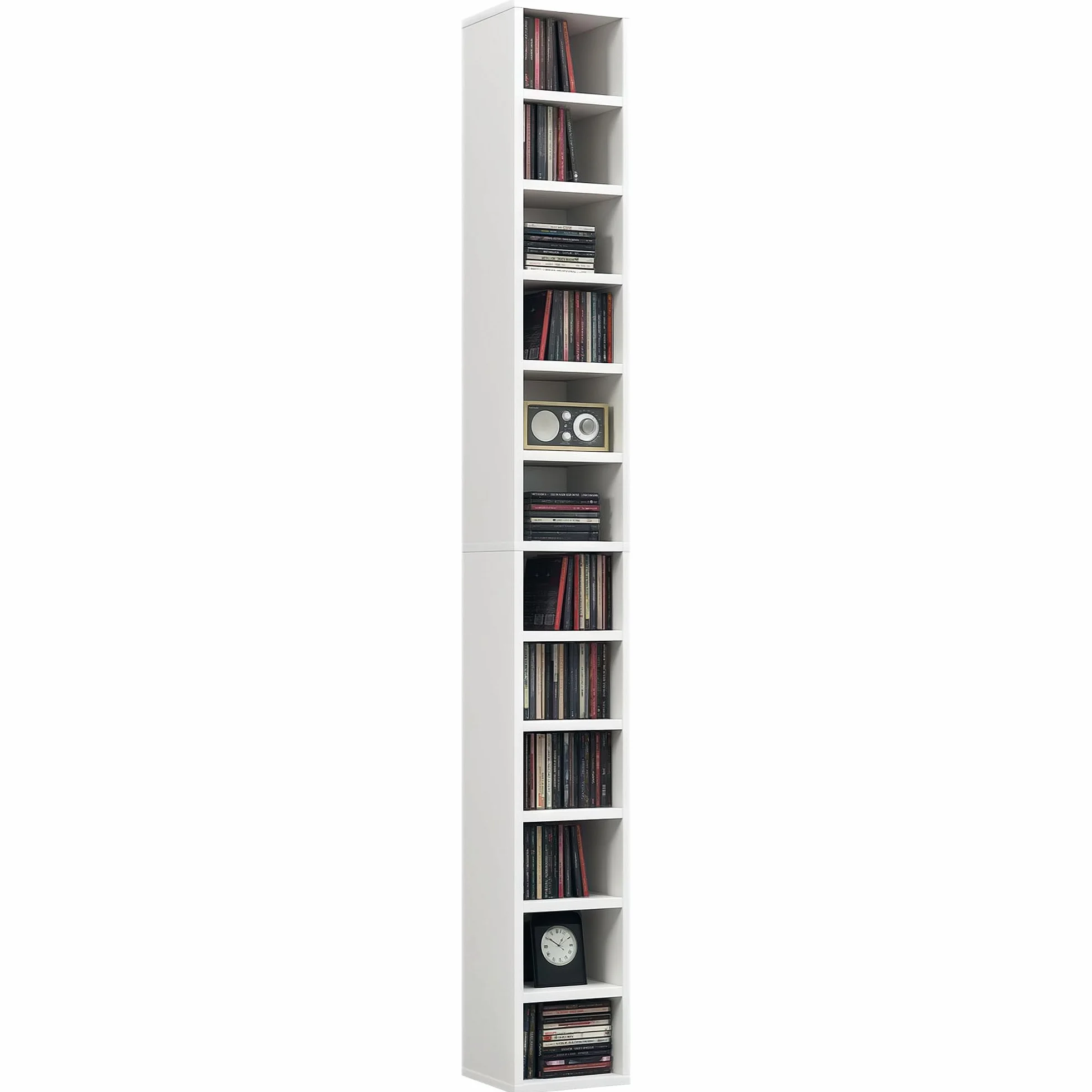 HOMCOM Przechowywanie płyt CD i DVD, kolumna do przechowywania, szafka do przechowywania z 12 przegródkami, maks. pojemność 204 CD, 21 x 20 x 175 cm, biały