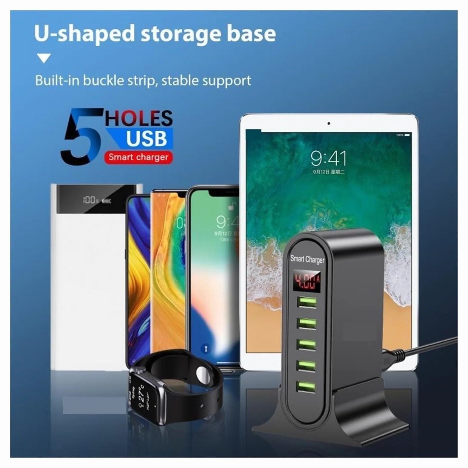 Ładowarka USB, Ładowarka USB, 5 portów z wyświetlaczem LED Stacja ładująca Multi USB Uniwersalna ładowarka biurkowa do telefonu Stacja ładująca dla wielu urządzeń(B)