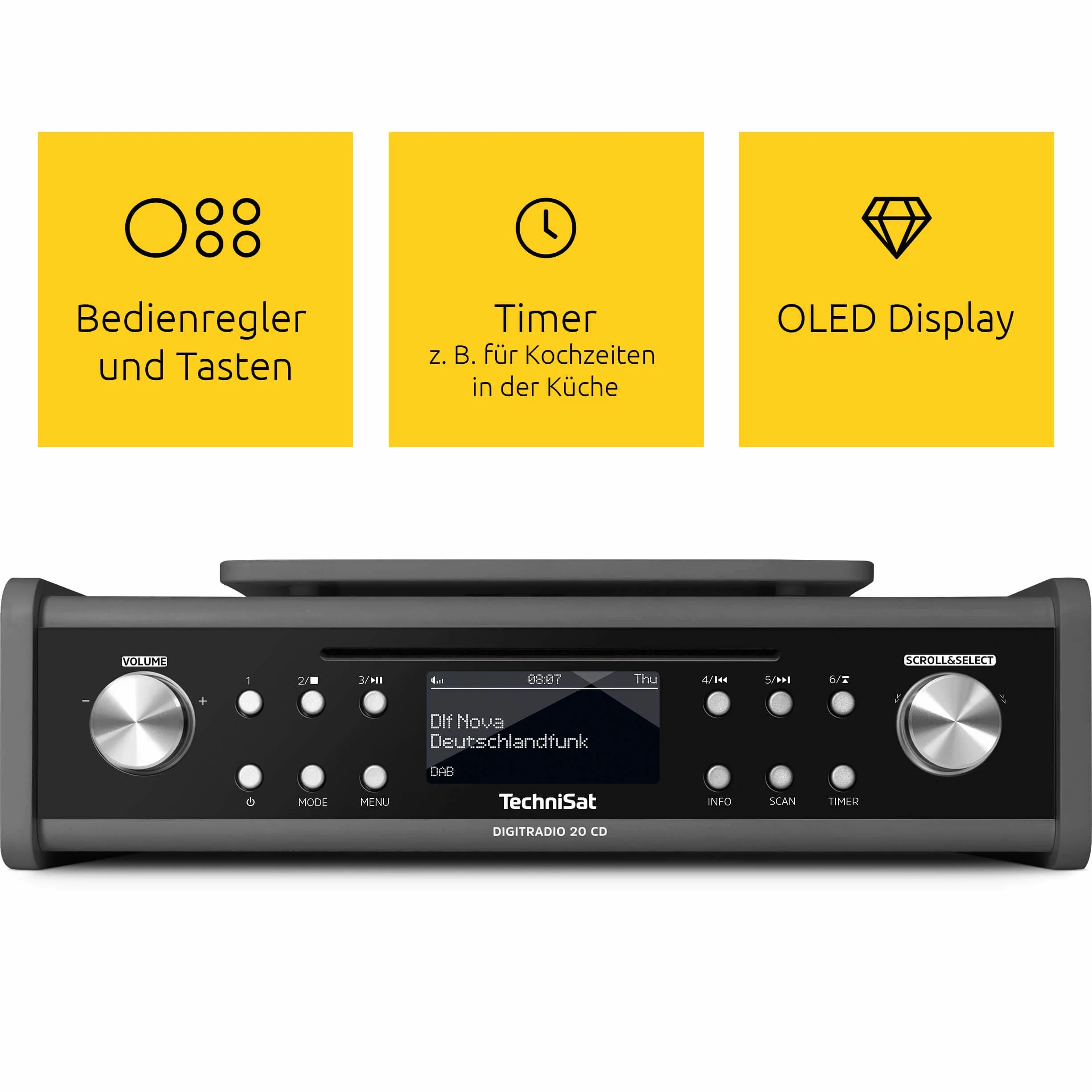 TechniSat Digitradio 20 CD – nowoczesne i kompaktowe radio do kuchni i łazienki DAB+ (radio podszafkowe FM z odtwarzaczem CD i zegarem)