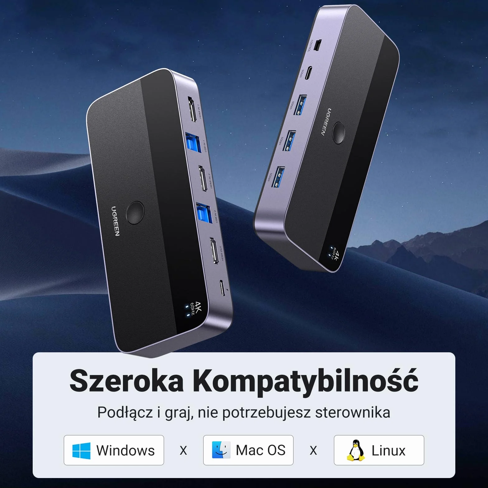UGREEN HDMI 2.0 KVM Przełącznik 4K@60Hz USB 3.0 Przełącznik 4 porty USB (3*USB 3.0+USB C) Udostępnianie 1 Monitora i Klawiatury, Myszy, Drukarki, Dysku U na 2 PC z 2 USB kablami i 2 HDMI kablami.
