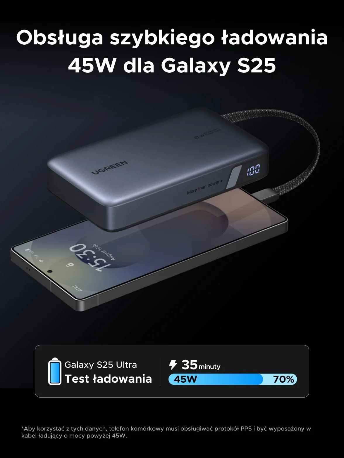 UGREEN Nexode Power Bank, 20000 mAh, szybkie ładowanie 67W z wbudowanym kablem USB-C, zewnętrzne akumulatory do telefonów komórkowych kompatybilne z Galaxy S25, serią iPhone 16/15