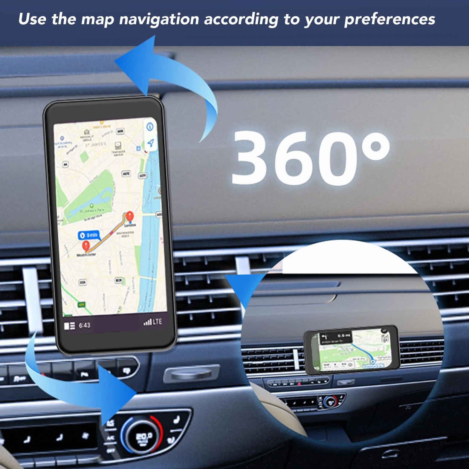 6,5" Bezprzewodowy Ekran Carplay do Samochodu, Ekran Dotykowy 1280x720 Przenośny Samochodowy Zestaw Stereo obsługą Carplay, Bluetooth, nawigacją GPS, Sterowaniem Głosowym