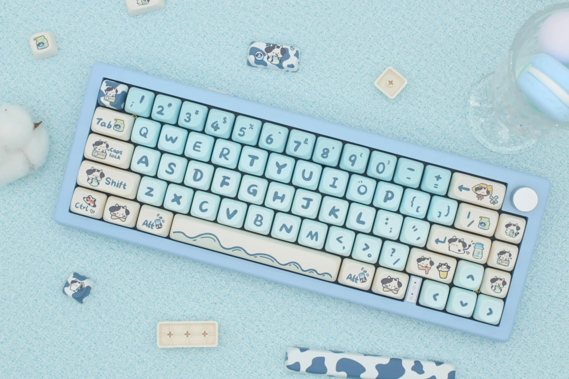 MOA Shape Keycaps - Cute Cow Custom 142 klawisze PBT kolorowy zestaw do klawiatur mechanicznych (niebieska krowa)