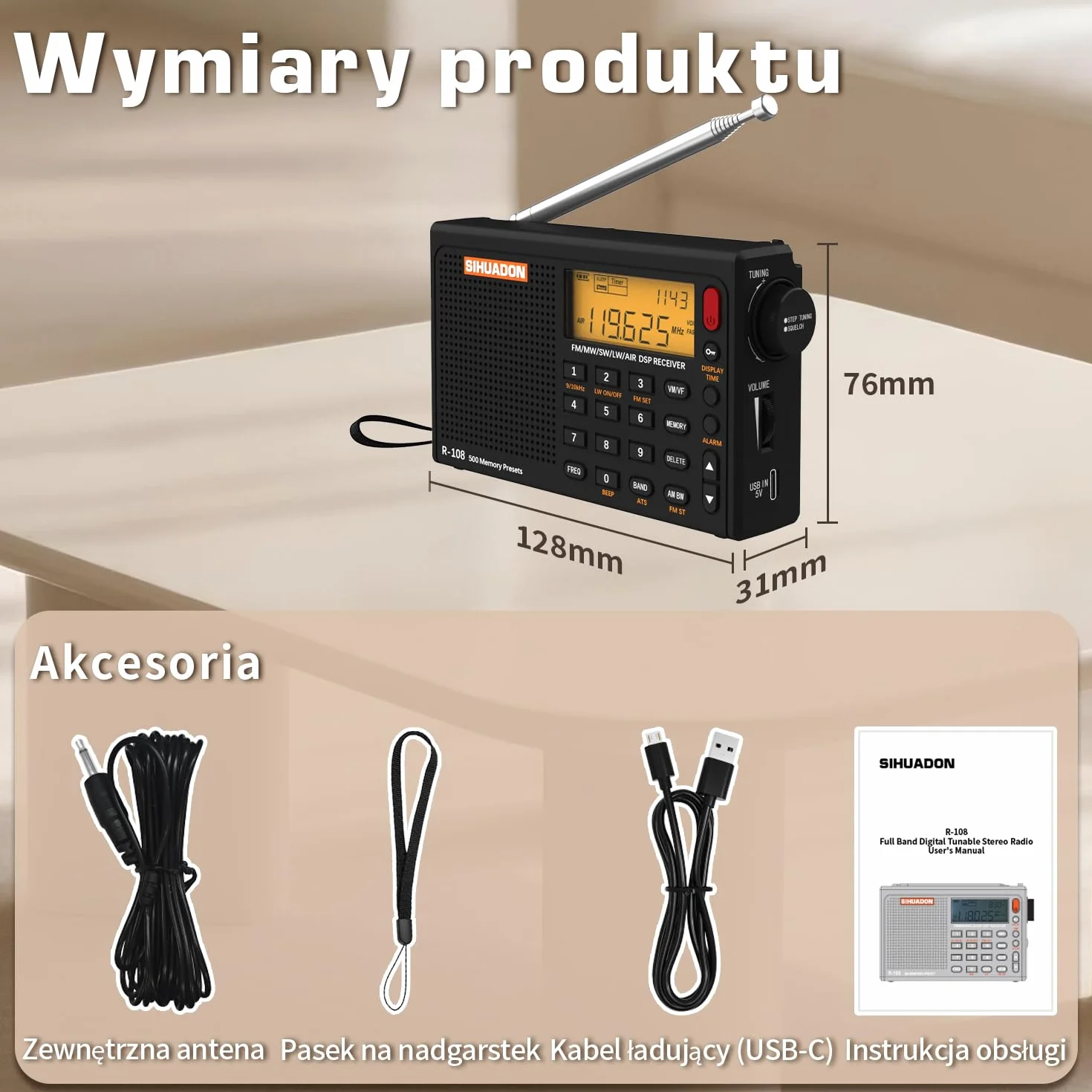 Radio przenośne SIHUADON R108 FM, wielozakresowe SW, MW, z czystym odbiorem i doskonałym dźwiękiem, gniazdo słuchawkowe, timer, budzik, zasilanie na baterie, kolor czarny