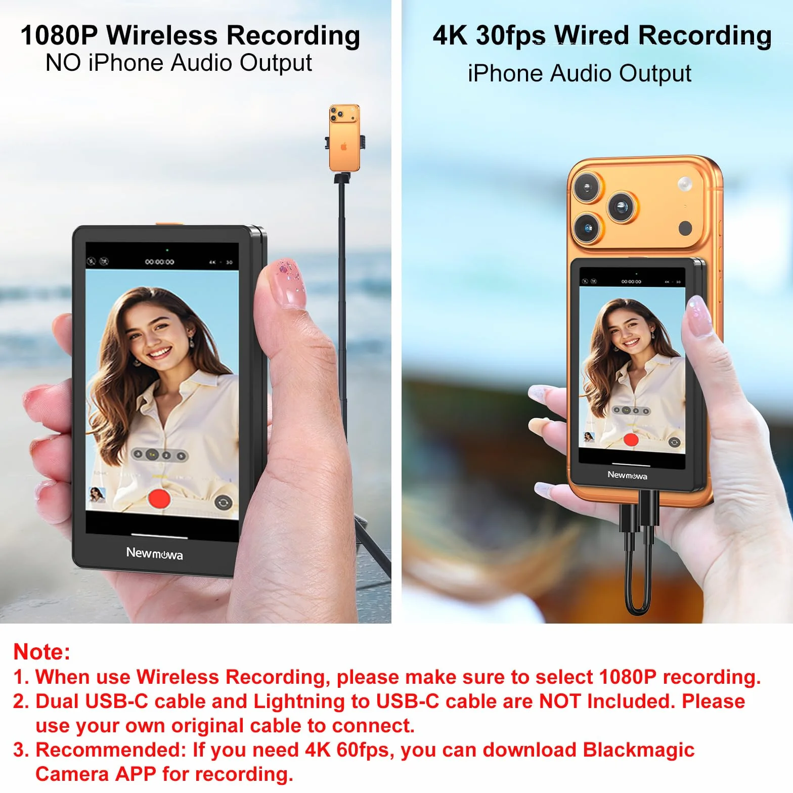 Newmowa Czarny Magnetyczny Telefon Vlog Selfie Monitor Ekran,1080P Nagrywanie Bezprzewodowe,Tylnej Kamery Telefonu Do Selfie LiveStream TikTok,Kompatybilny z iPhonem(Support 4K 30fps Wired Recording)