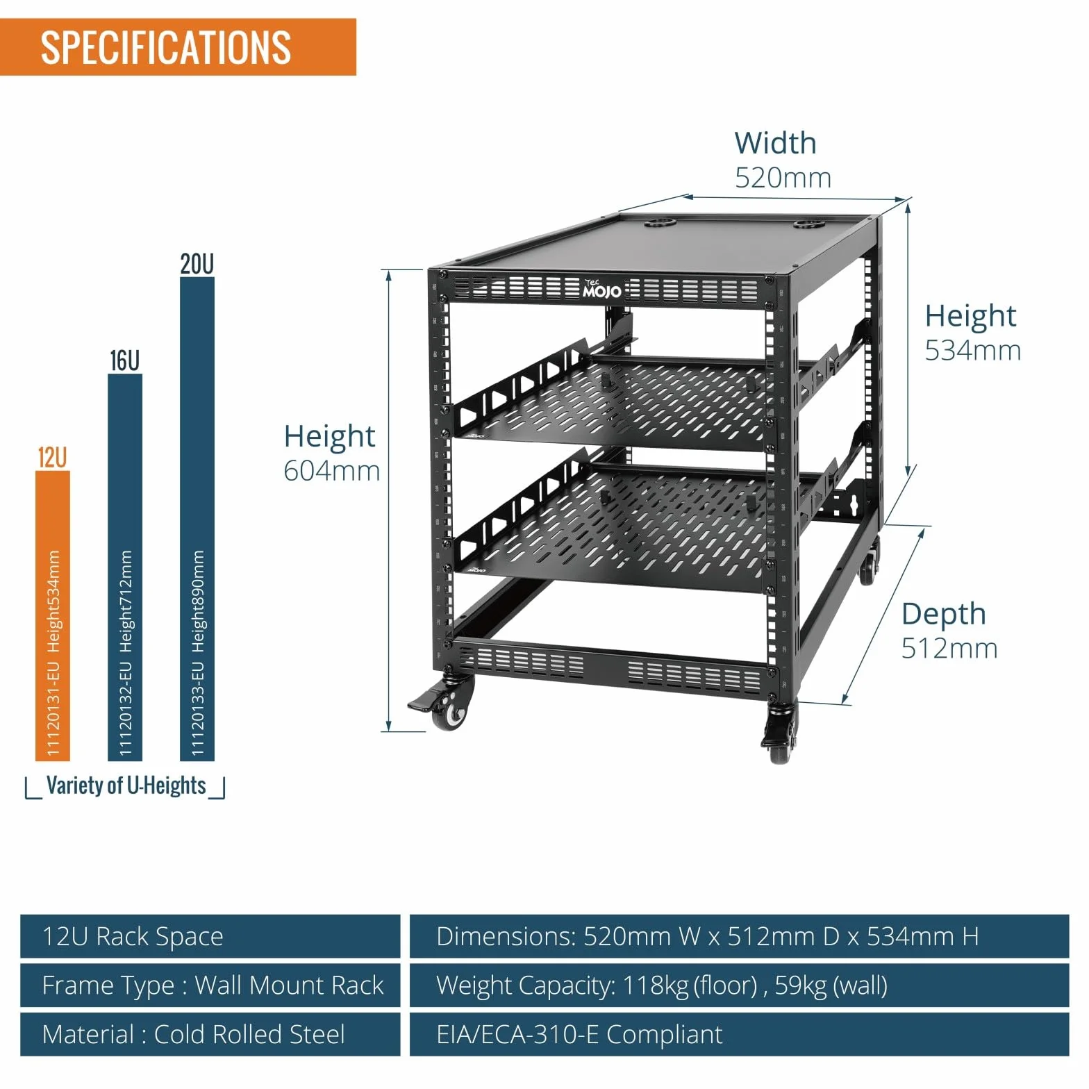 Tecmojo 19" Open Frame Rack sieciowy do serwerów i urządzeń AV, możliwość montażu na ścianie i stojącej, szafa sieciowa, 4 słupki z kółkami, z 2 wkładanymi półkami 1U i materiałem montażowym (12U)