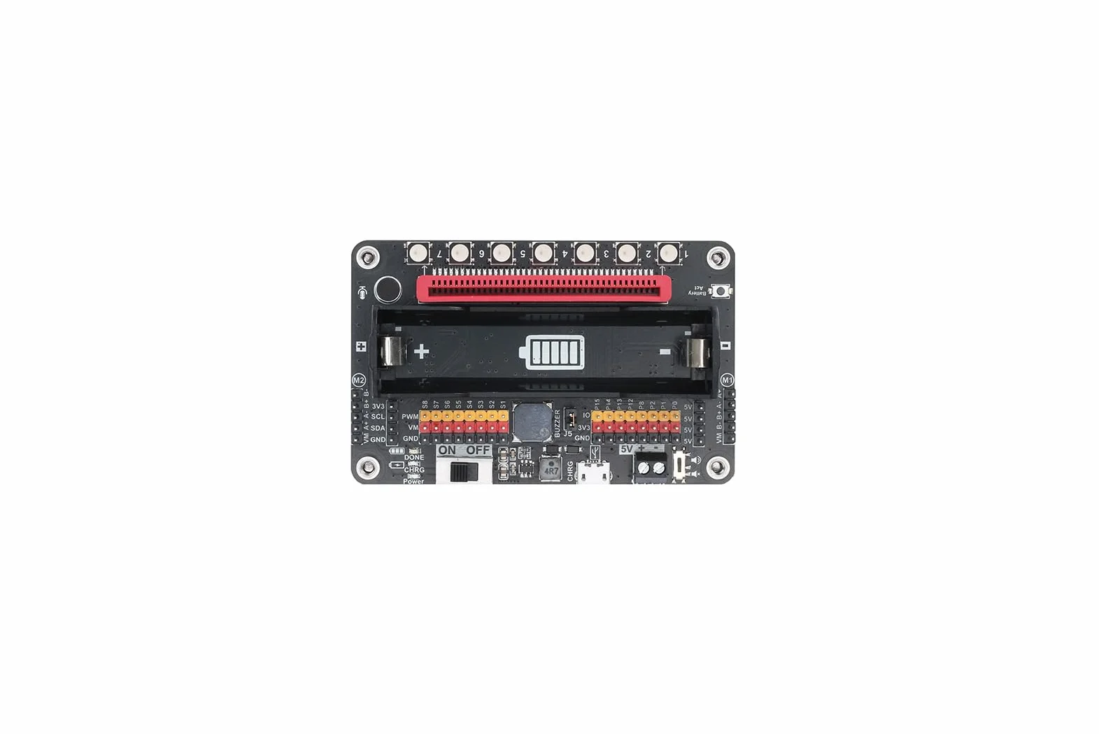 RobotBit karta rozszerzeń Micro:bit z PCA9685, napędy silnika i serwo, diody RGB LED, rozpoznawanie dźwięku i zarządzanie baterią 18650 do projektów robotyki