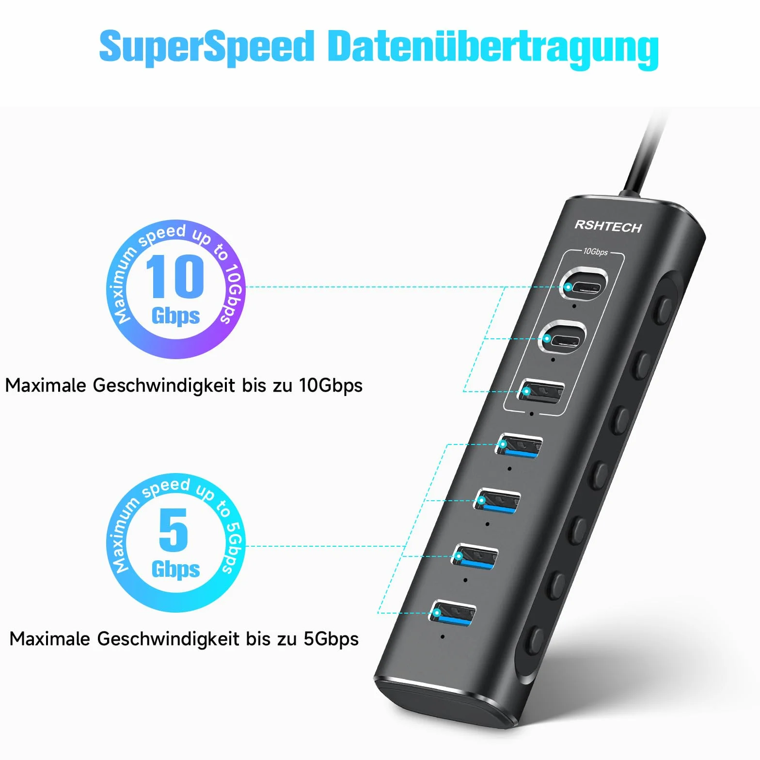 RSHTECH 7-portowy hub USB C 3.2 aktywny 10 Gb/s aluminiowy RSH-A107C