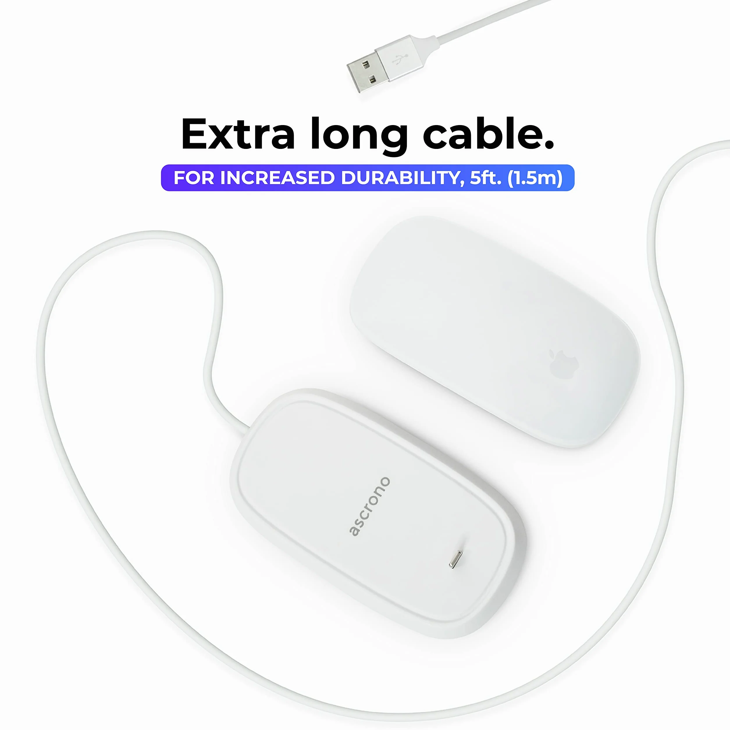 Ascrono Stacja Ładująca do Myszy Apple Magic Mouse 2 - Biały - Idealne Akcesorium | Nadaje Się Jako Stacja Ładująca, Stojak i Ładowarka | Zawiera USB-A do Lightning o Długości 1,5m