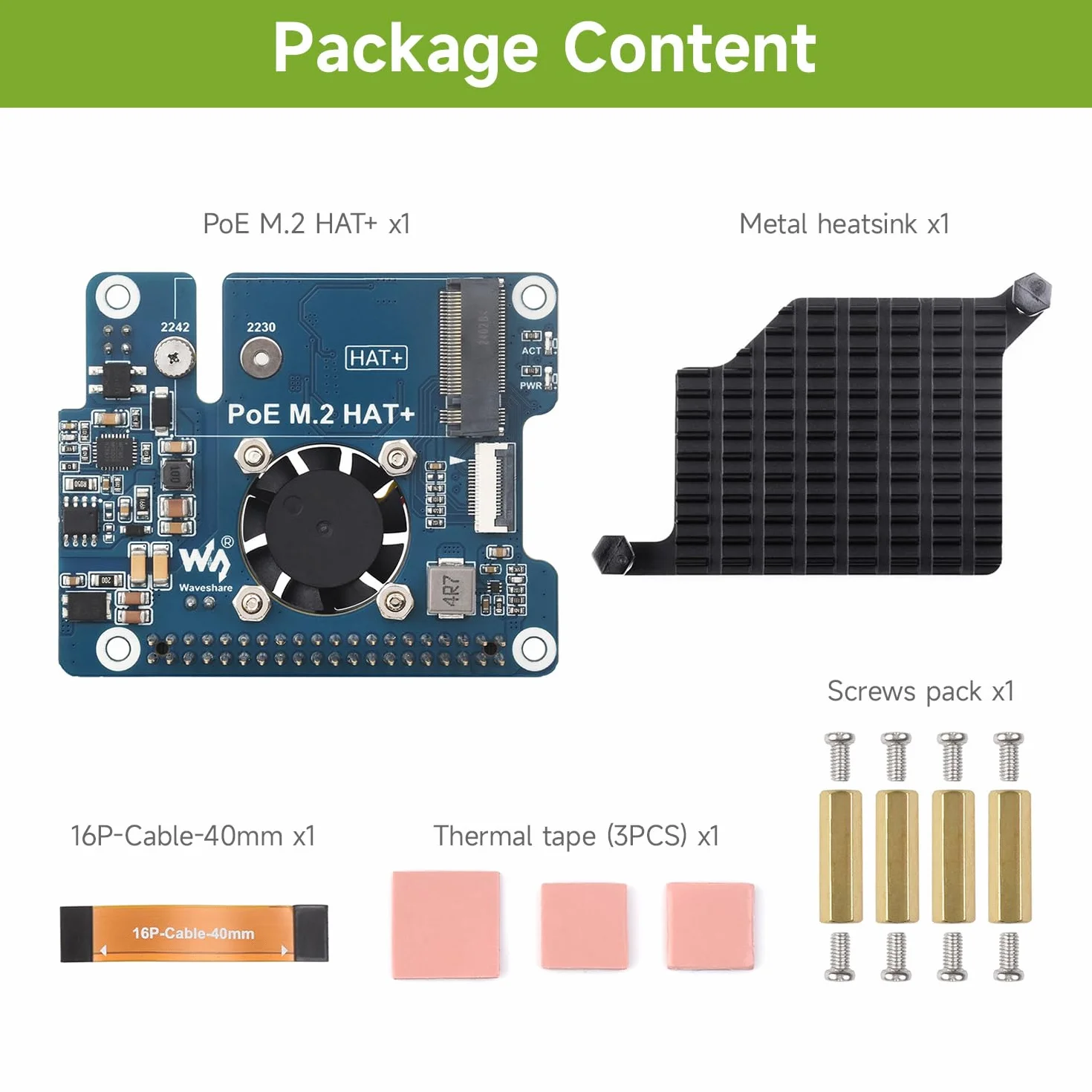 Waveshare PCIe To M.2 HAT+ Adapter With PoE for Raspberry Pi 5, with Cooler Fan, Support NVMe Drive Protocol 2230/2242 M.2 Solid State Drive & 802.3af/at Network Standard, High-speed Reading/Writing