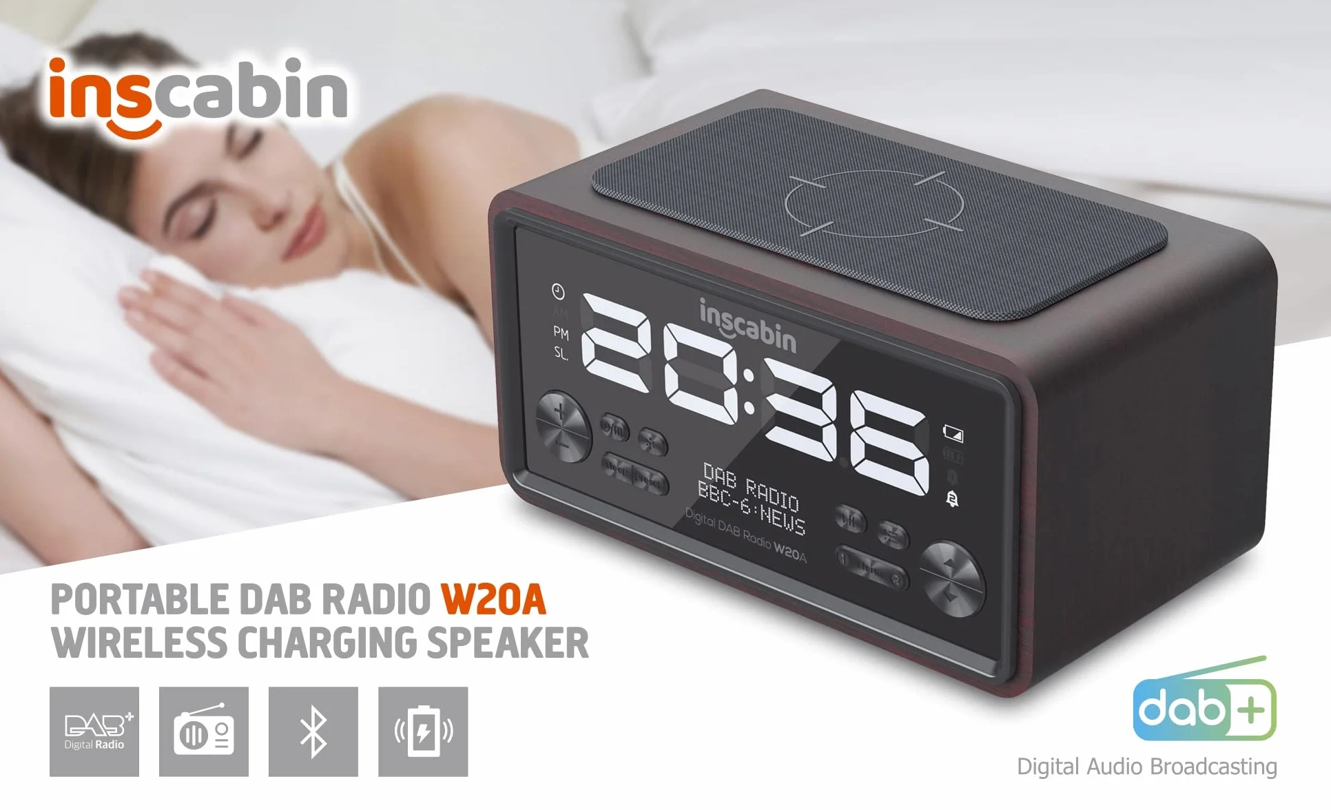 DAB/DAB+ FM cyfrowy radiobudzik z bezprzewodowym ładowaniem Bluetooth, czarny orzech