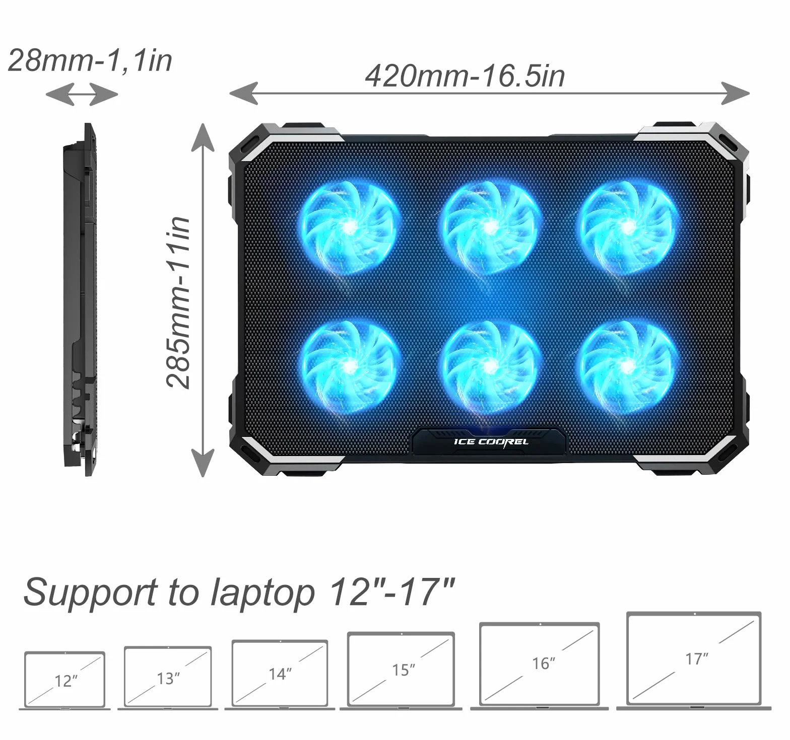 ICE COOREL Podkładka chłodząca do laptopa z 6 wentylatorami chłodzącymi, podkładka chłodząca do laptopa 13-15,6 cala, stojak chłodzący na laptopa z 6 regulacją wysokości, podkładka chłodząca do