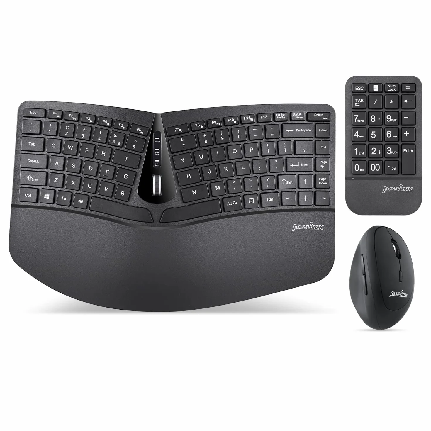 Perixx PERIDUO-606A, 3-in-1 Wireless Compact Ergonomiczna klawiatura z pionową klawiaturą myszy i numeryczną - Regulowany odpoczynek dłoni - Tilt Wheel - Membrane Low Profile Keys - US English Layout