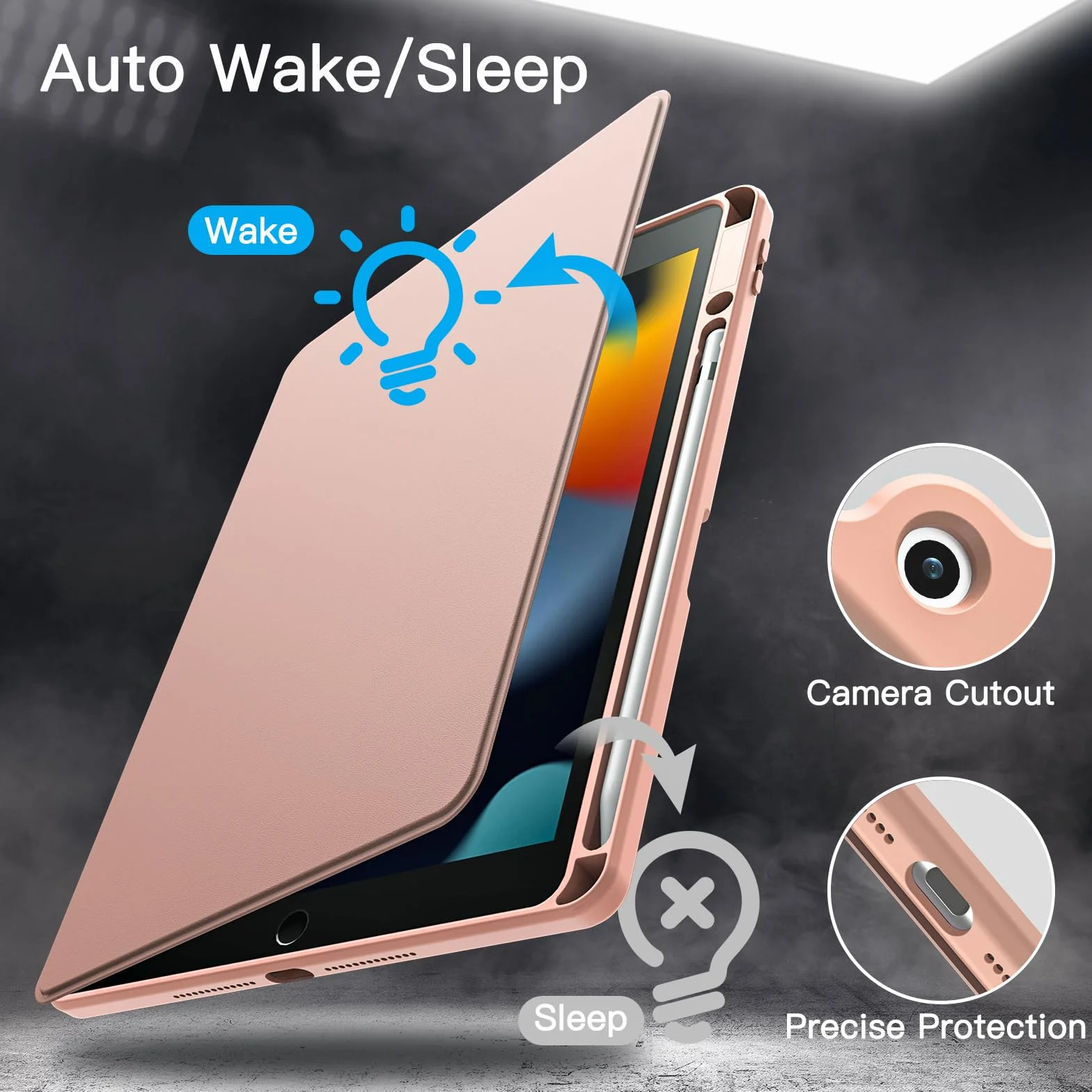 JETech Obrotowe Etui dla iPad 9/8/7 (10,2 Cala, Modelu 2021/2020/2019, 9./8./7. Generacji) z Pencil Uchwyt, Case z Obrotowa o 360 Stopni Pokrywa Stojaka Ochronnego Przezroczysty Tył (Różowe Złoto)
