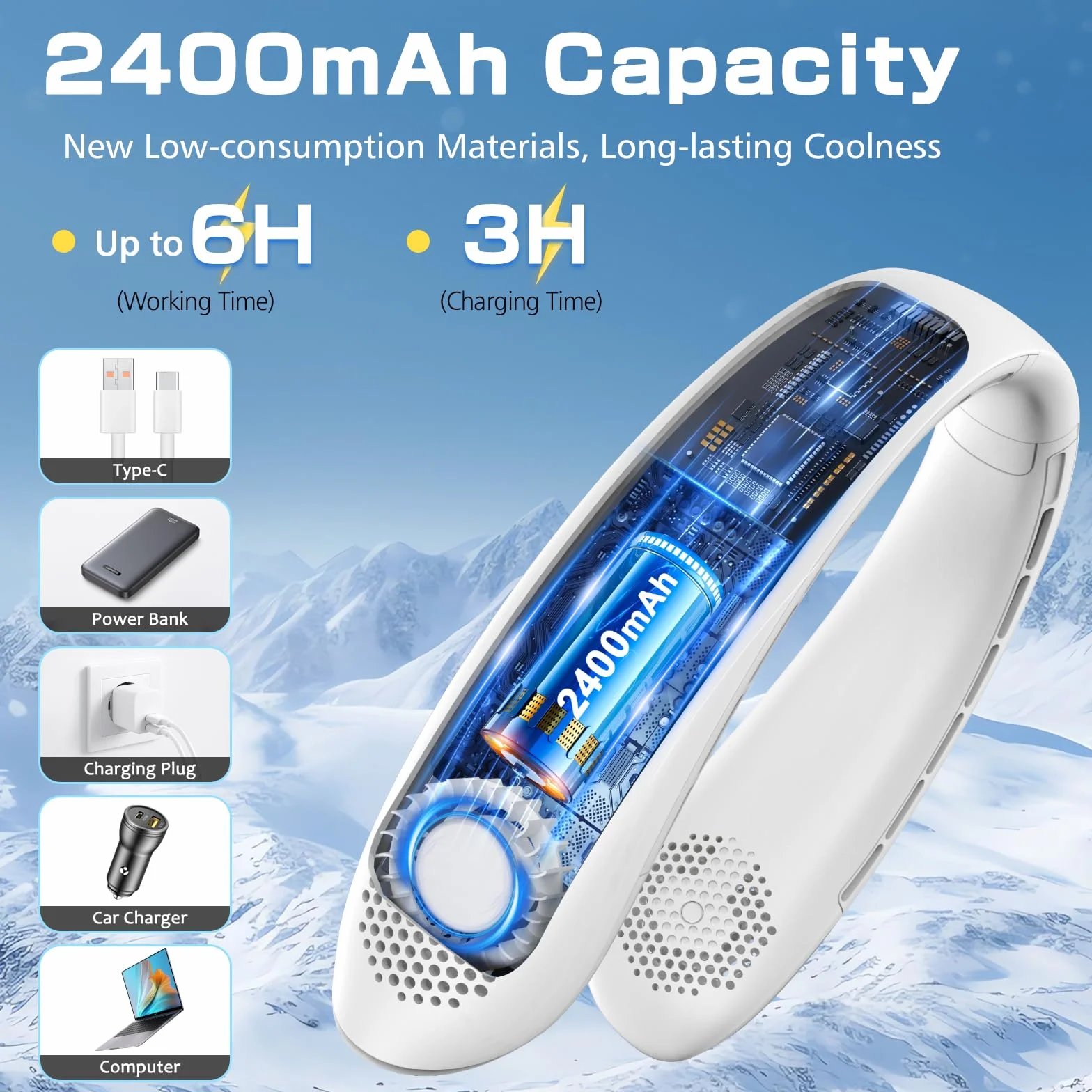 Przenośny bezłopatkowy wentylator na szyję 360° przepływ powietrza mini mobilny ładowalny USB Biały