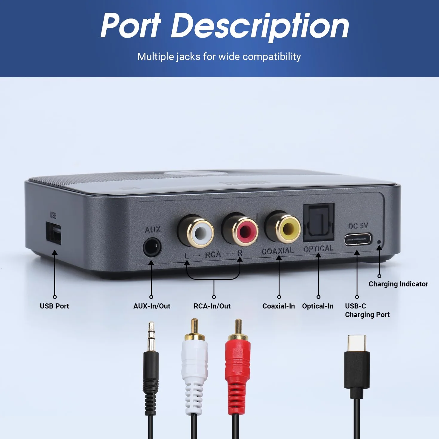 August MR285 Nadajnik i odbiornik Bluetooth ze złączami AUX, RCA, optycznym, koaksjalnym i USB - adapter audio Bluetooth NFC do telewizora, samochodu, słuchawek –wbudowana bateria, podwójne połączenie