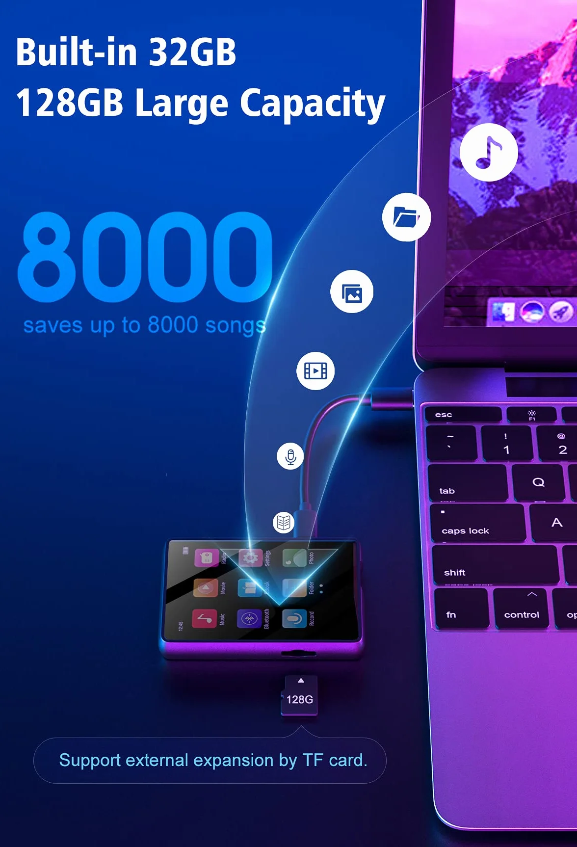 Odtwarzacze MP3 Bluetooth 5.0 32GB 2,4" Przenośny odtwarzacz muzyczny do biegania, Hi Res Audio Video FM Radio Line-in Ebook nagrywania, obsługuje do 128GB TF-kaart (Czarny)
