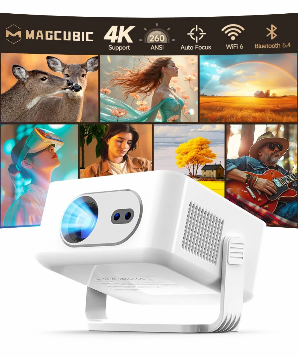 Magcubic Projektor, HY300max Mini projektor 4K i 8K z podwójnym zakresem WiFi 6 BT 5.4, 260 ANSI obsługuje autofokus i korekcję trapezu, nadaje się do projektora kina domowego