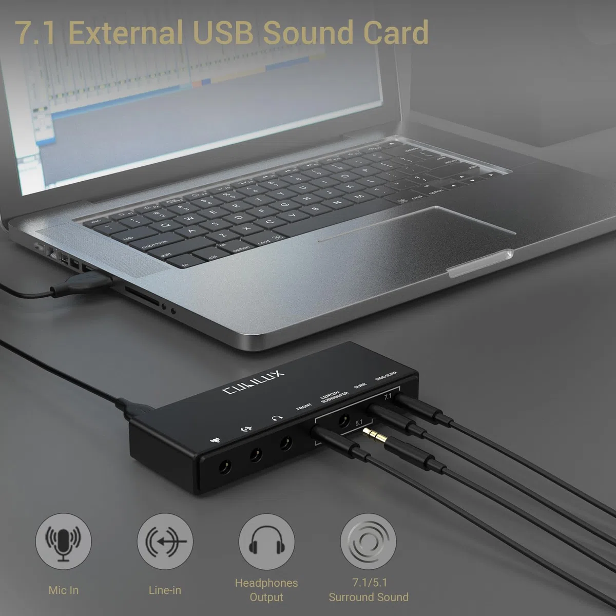 Karta dźwiękowa surround USB 7.1, częstotliwość próbkowania 48KHz-384KHz dla słuchawek, zewnętrzna karta dźwiękowa USB A wykonana w całości ze stopu aluminium do laptopa, komputera PC