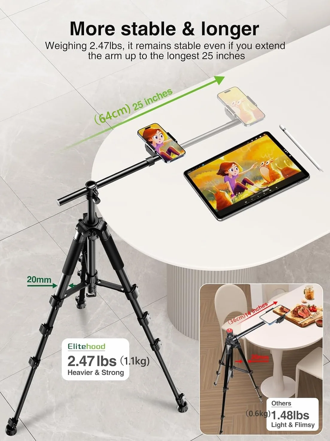 elitehood Statyw do telefonu do nagrywania wideo z góry – ulepszony poziomy regulowany statyw 150 cm do iPhone'a z 64 cm długim wysuwanym ramieniem, obrotowy o 360° uchwyt stojaka na iPhone'a do