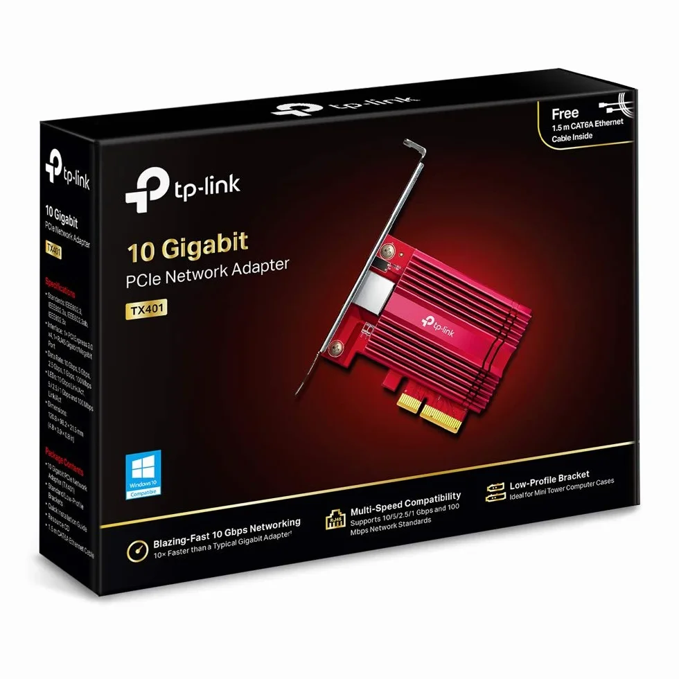TP-Link TX401, Karta sieciowa PCIe 10 Gigabit Ethernet, Port RJ45, Obsługa 10G/5G/2.5G/1G/100M, Interfejs PCIe 3.0 x4, Chłodzenie pasywne, Wysoka przepustowość dla gier, NAS i serwerów