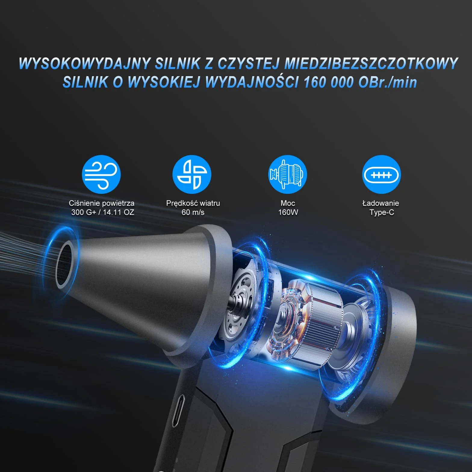 Elektryczna dmuchawa do kurzu 160000 obr./min, 4-biegowa regulowana odkurzacz do czyszczenia klawiatury, elektroniki