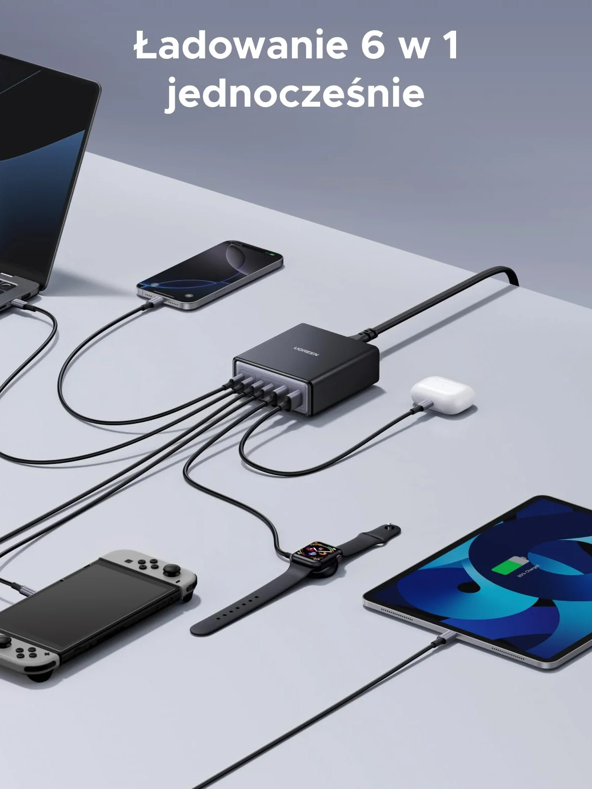 Ładowarka USB-C UGREEN 100 W, 6-portowa stacja ładująca, zasilacz GaN 65 W, szybka ładowarka PPS, uniwersalna, kompatybilna z MacBookiem Pro/Air, serią iPhone 17-8, Galaxy S25, A15, Pixel 9, iPad
