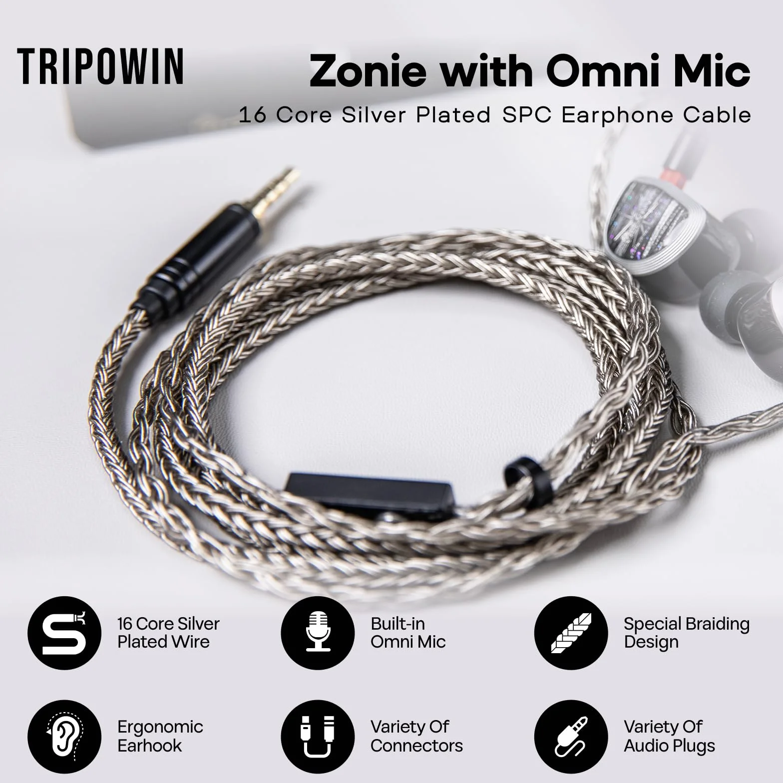 Linsoul Tripowin Zonie HiFi IEM Upgrade kabel, z mikrofonem Omni, 16-żyłowy, posrebrzany kabel słuchawkowy SPC, opcje typu C/3,5 mm, 1,25 m, nieplączący się przewód dla audiofilów (typ C, 2-pinowy