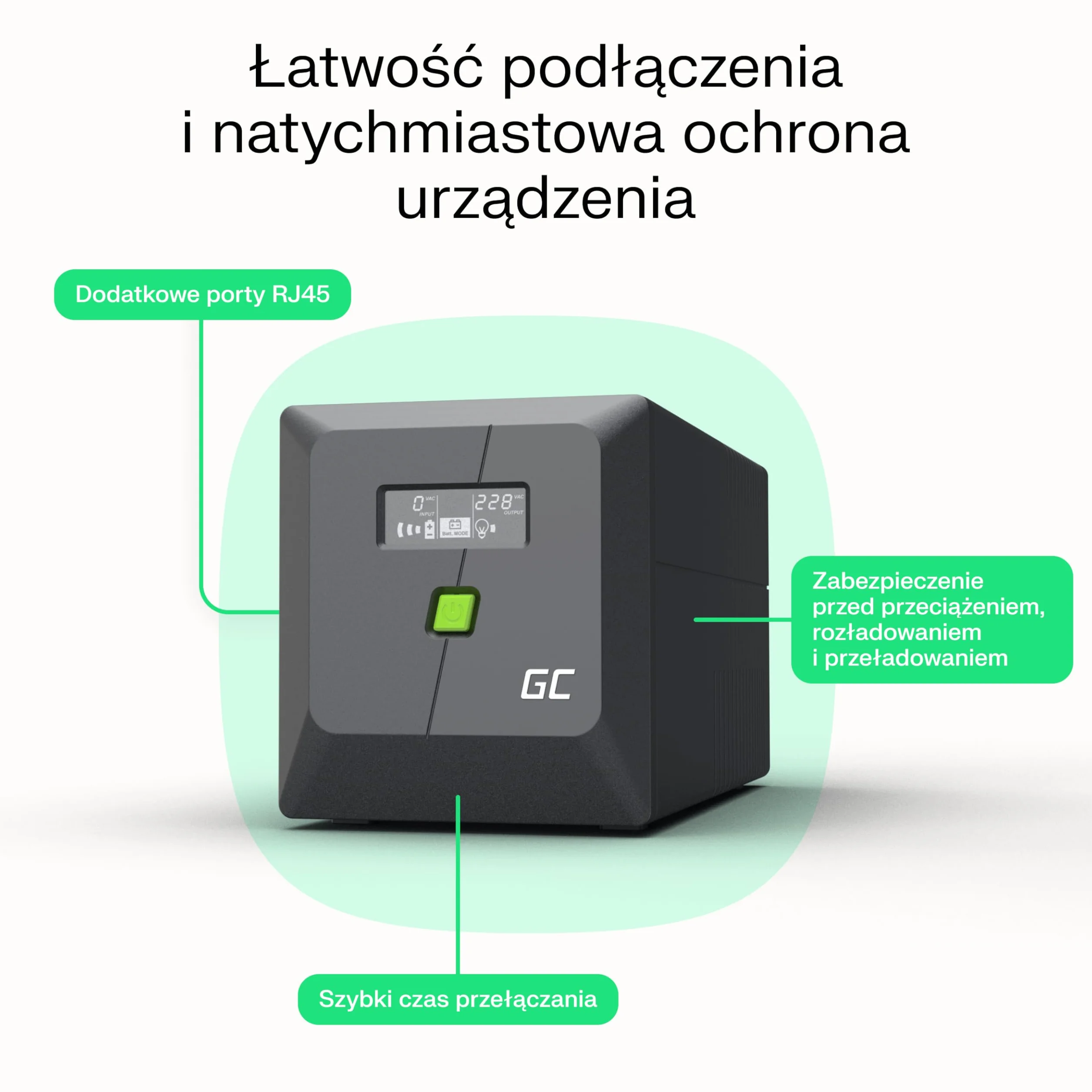 Green Cell UPS 650VA 360W PowerProof z Wyświetlaczem LCD – Zmodyfikowana Fala Sinusoidalna, Ochrona Prądowa Urządzeń, Akumulator 12 V/7 Ah, Ochrona przed Przepięciem, Awaryjne Zasilanie do Urządzeń