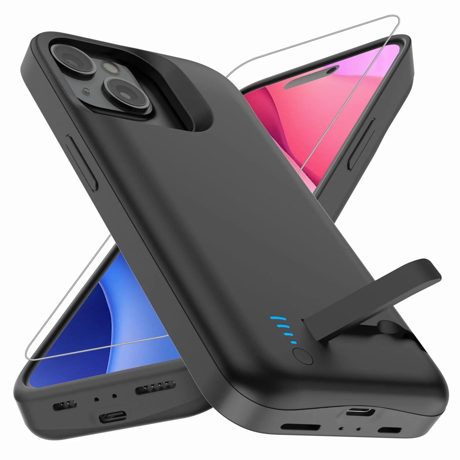 Etui na baterię do iPhone 15, prawdziwe 8500 mAh, wąskie, ładowalne, rozszerzona ładowarka, etui do ładowania ze stojakiem, przenośny powerbank ochronny do iPhone 15, 6,1 cala – czarne