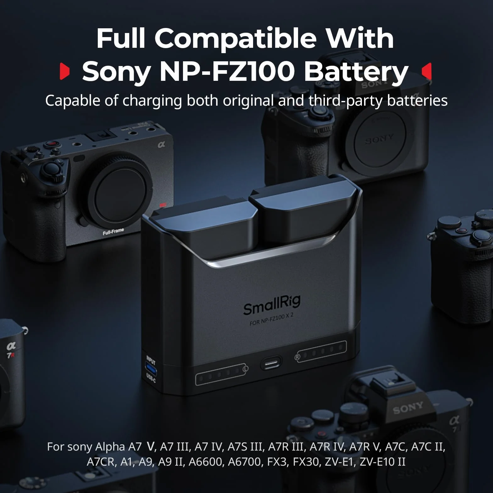 SMALLRIG NP-FZ100 Battery Charger for Sony, 2h Dual Slot Camera Charger with 22.5W USB-C Fast-charging Port,Full Compatible with Sony Alpha A7III A7IV A6700 FX3 FX30 A9 A7C A7CII A7RIII ZV-E1 ZV-E10II