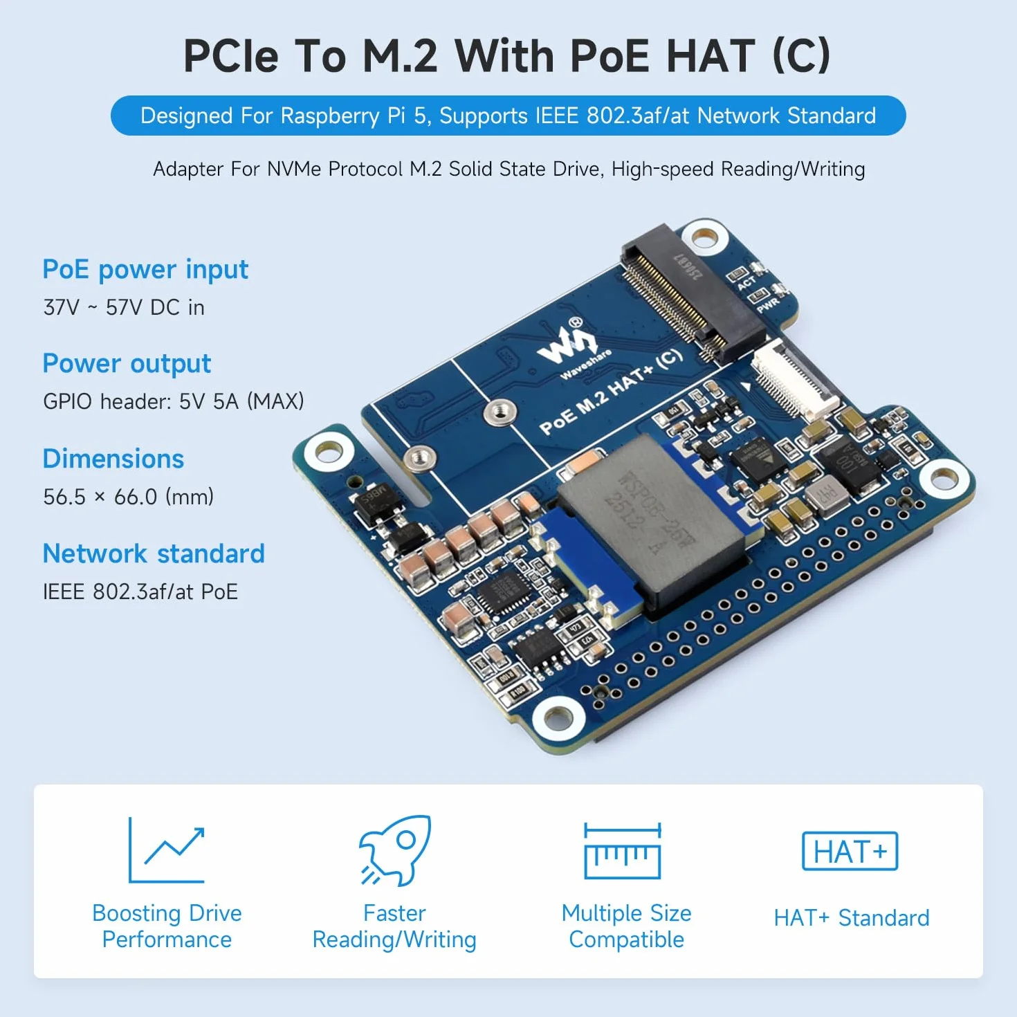 Waveshare PCIe to M.2 Adapter with PoE Function (C), Compatible with Raspberry Pi 5, Supports NVMe Protocol M.2 Solid State Drive, High-Speed Reading/Writing