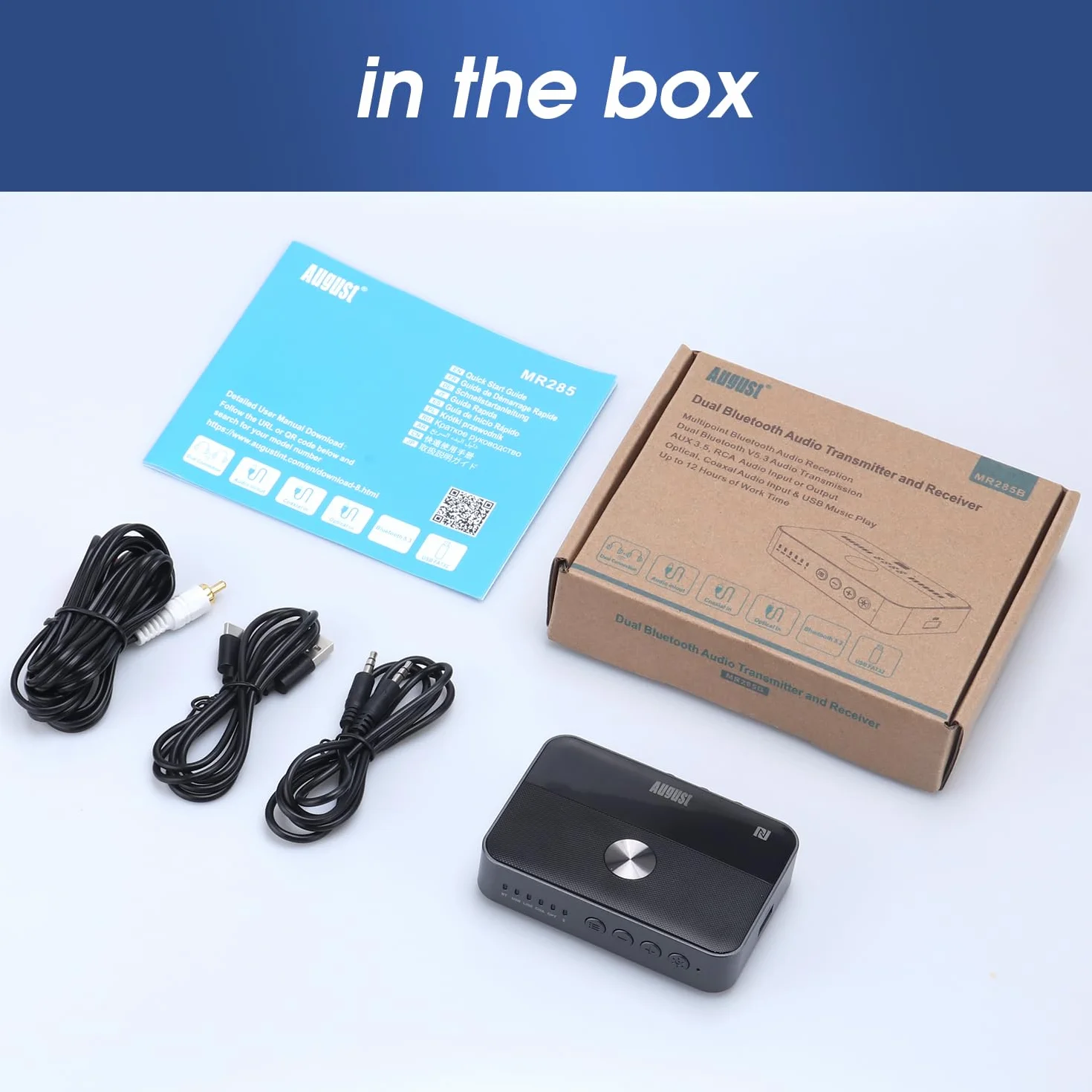August MR285 Nadajnik i odbiornik Bluetooth ze złączami AUX, RCA, optycznym, koaksjalnym i USB - adapter audio Bluetooth NFC do telewizora, samochodu, słuchawek –wbudowana bateria, podwójne połączenie