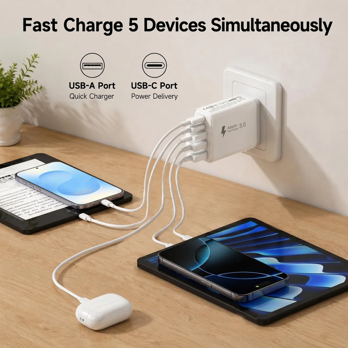 Szybka Ładowarka USB C 50W, Wieloportowy Zasilacz USB C z 5 Portami, Ładowarka Sieciowa Kostka Wtyczka USB Typ C do iPhone 17 16 15 14 13 12 11 Pro Max, Samsung Galaxy S26 S25