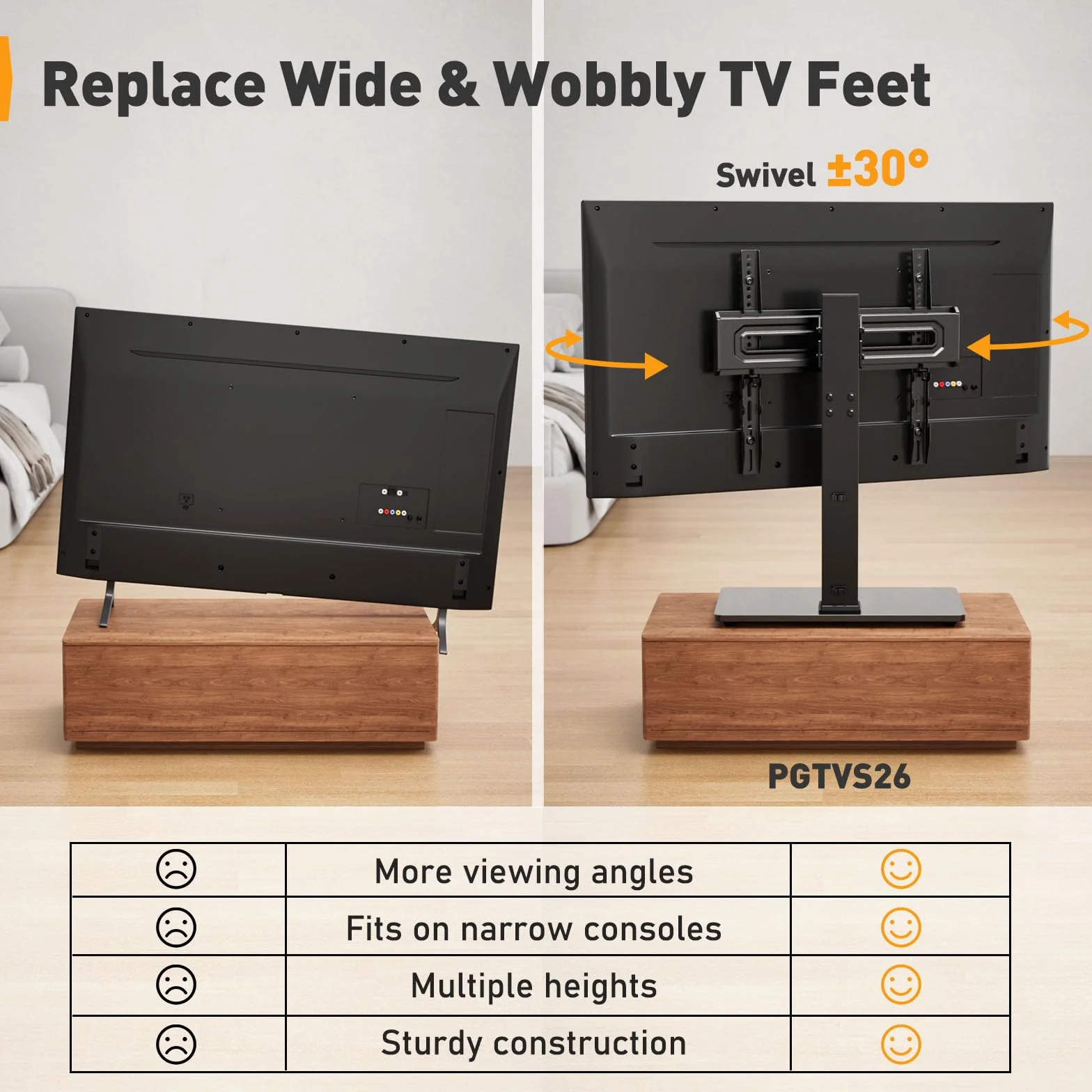 Perlegear Stojak na telewizor do telewizorów 32–70 cali, uniwersalny, obrotowy stojak na telewizor, regulowana wysokość blatu, nachylony stojak na telewizor, stojak pod telewizor wytrzymuje do 40 kg