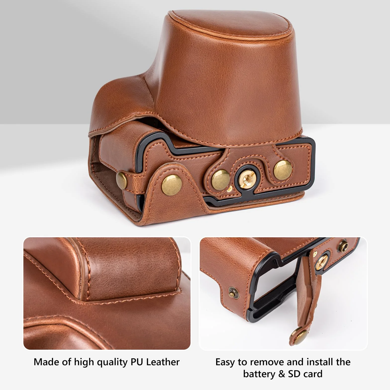 MUZIRI KINOKOO EOS R50 R100 etui, retro etui ochronne ze skóry PU do aparatu Canon EOS R50 R100 - torba na aparat z dolnym otworem i paskiem na ramię i kieszenią do przechowywania