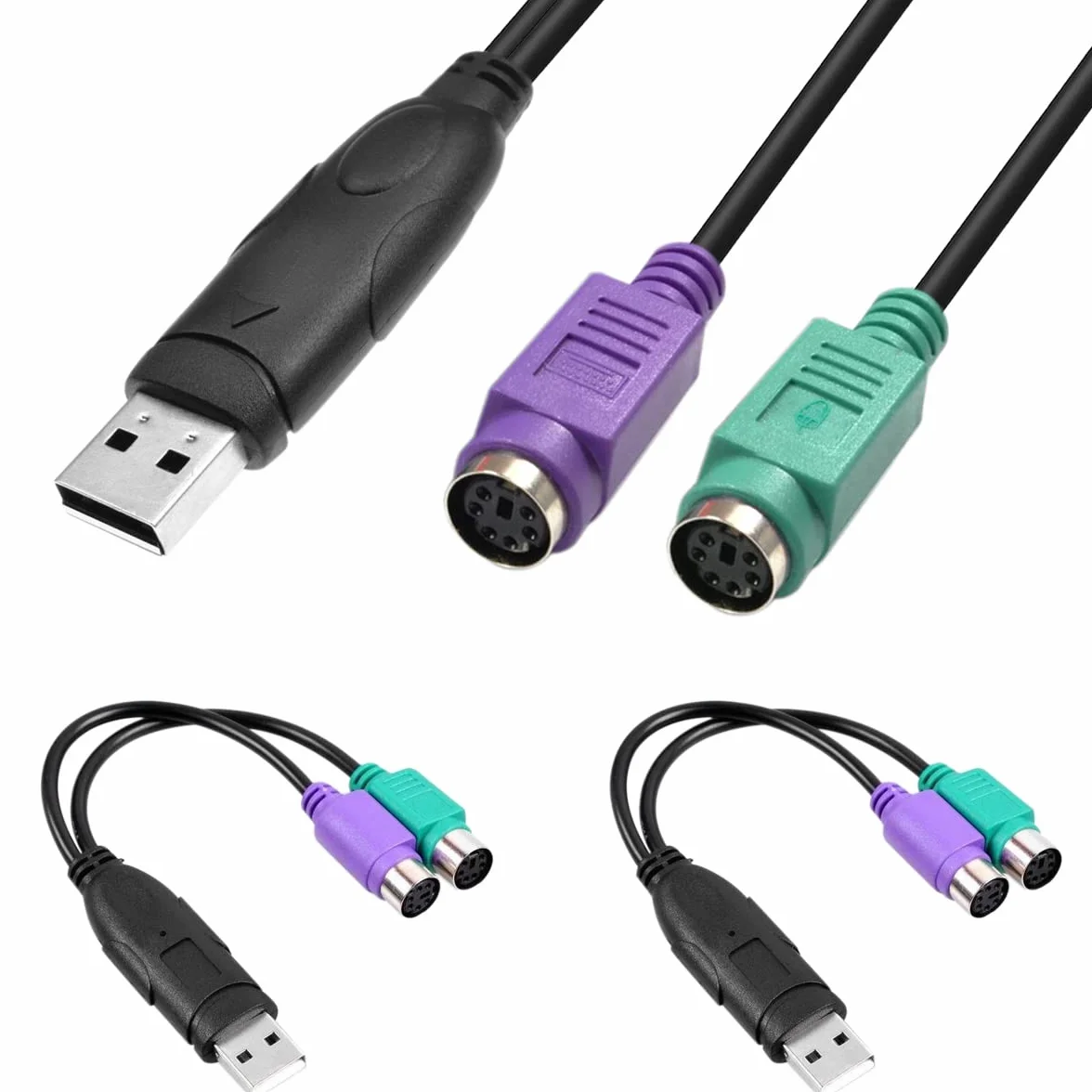 PS2 na USB adapter do klawiatury, kabel PS/2 żeński na USB A męski wtyk z chipem, 2 szt. 2 w 1 PS2 na kabel konwertera USB 2.0