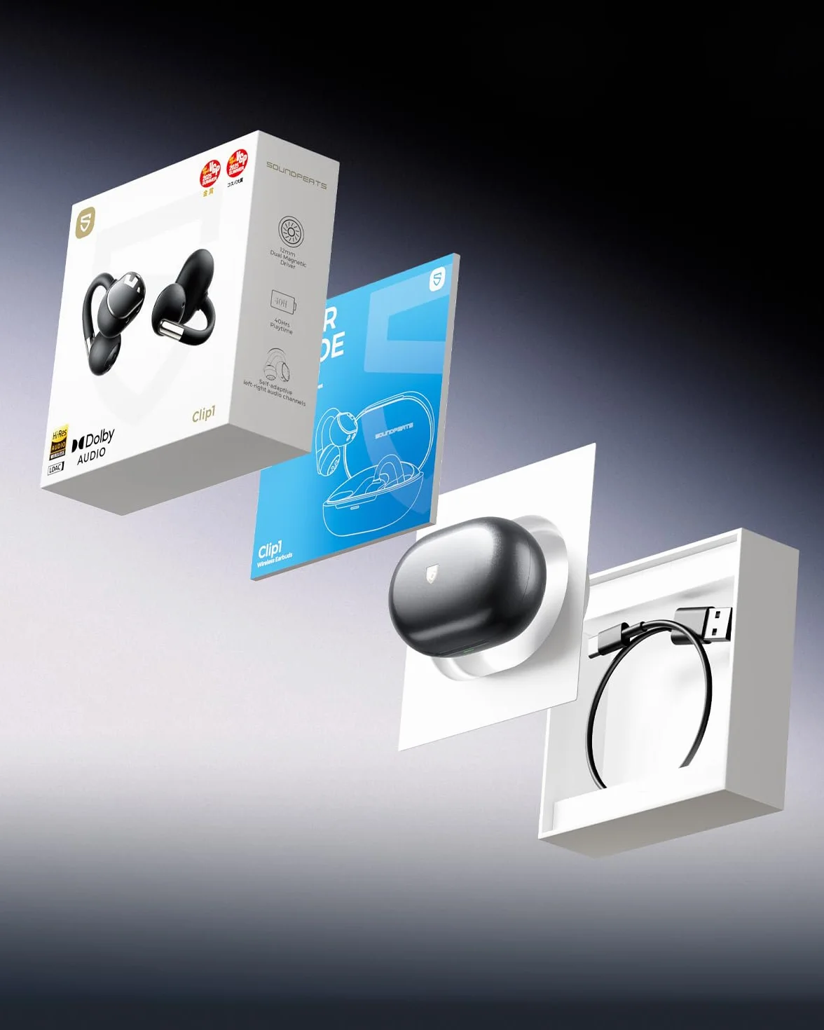 SOUNDPEATS Clip1 Bezprzewodowe Słuchawki z Klipsem Otwartym, Dolby Audio Hi-Res LDAC, Bluetooth 5.4, IPX5, Czarny