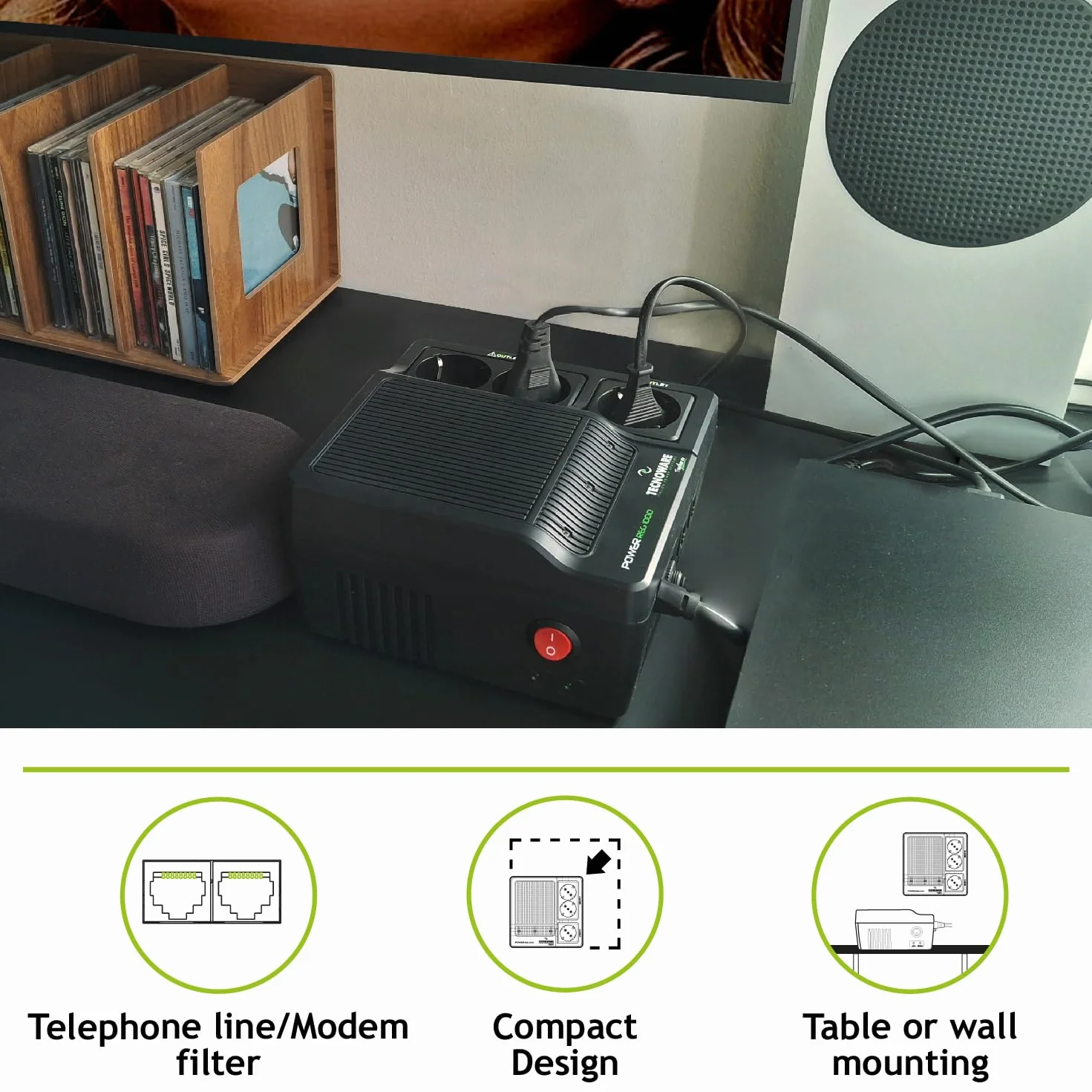 Tecnoware Power Systems PowerReg 1000VA, Stabilizator napięcia jednofazowy, Ochrona przed skokami, pikami i spadkami napięcia dla: TV, systemów HiFi, drukarek, małych urządzeń domowych i biurowych