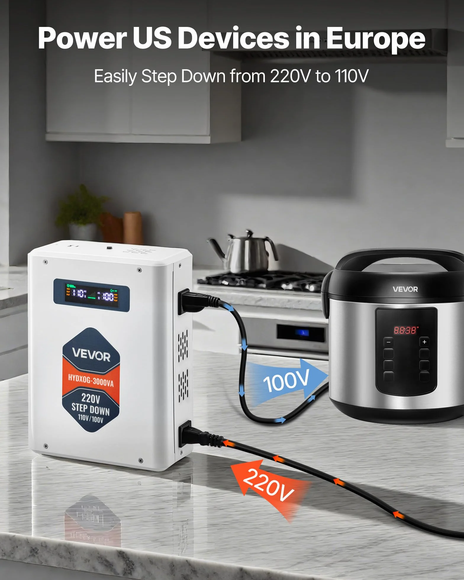 VEVOR Przetwornica napięcia Step-Down 3000 VA, Heavy Duty Transformator mocy 220 V na 110 V z 2 gniazdami USA, wyjściem USB, wyświetlaczem LCD, ochroną temperatury