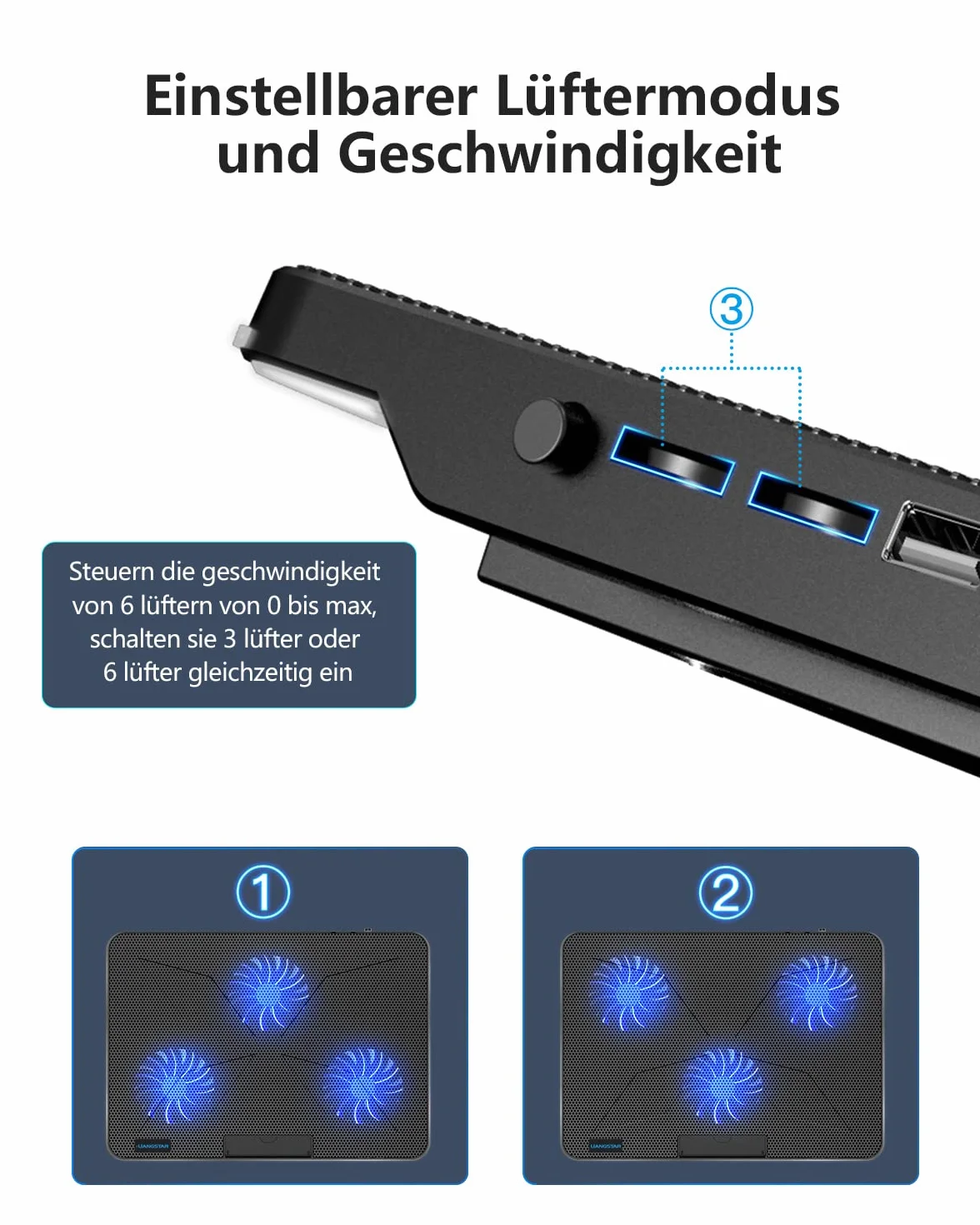 LIANGSTAR Podkładka chłodząca do laptopa, chłodziarka do laptopa z 6 cichymi wentylatorami o prędkości 2100 obr./min, stojak na laptopa z uchwytem na telefon, 7 regulacji wysokości i zasilanie USB