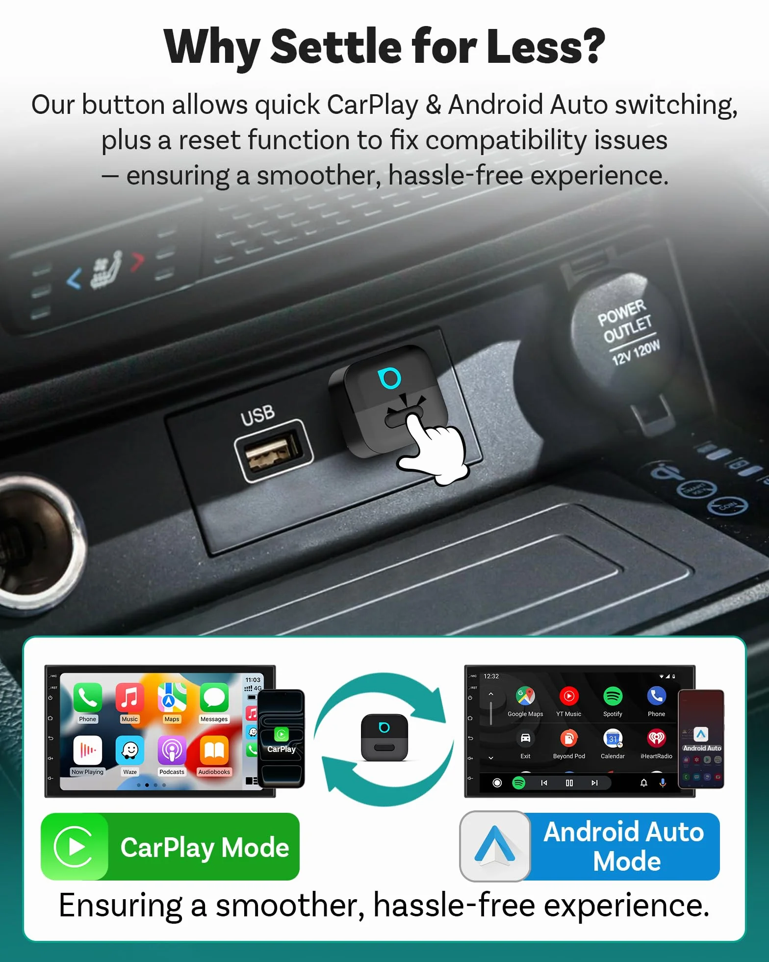 Ottocast Mini Pico Adapter bezprzewodowy 2-w-1 CarPlay Android Auto WiFi 6 Bluetooth 5.4