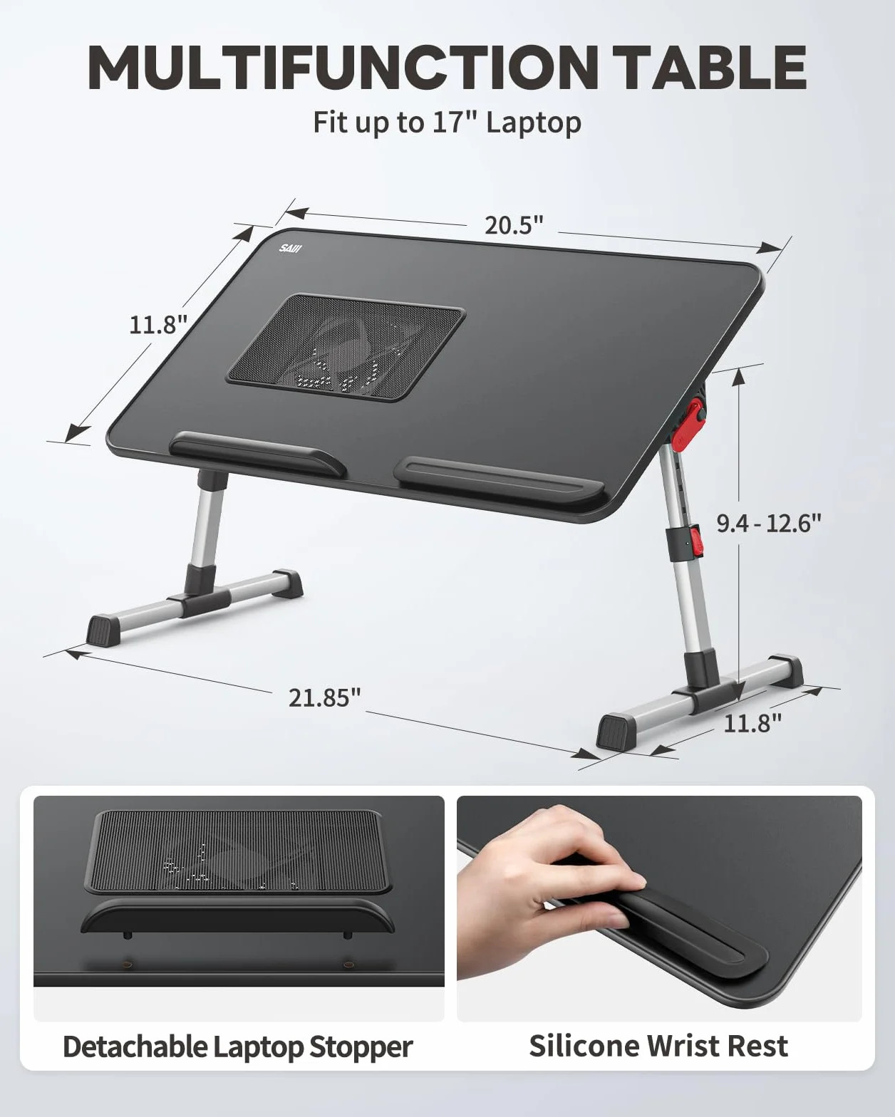 SAIJI stolik chłodzący, biurko z przyłączem USB, stolik do spania z wentylatorem, regulowana podstawka na laptopa, składany stolik na sofę, łóżko, podłogę, śniadanie, naukę, czytanie (52 x 30 cm