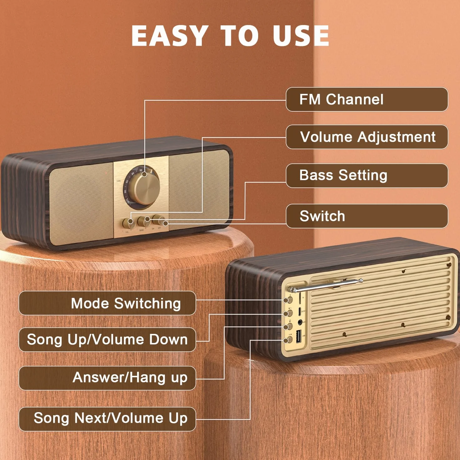 Radio Nostalgia, Radios Retro z Bluetooth i kartą TF, Zasilane Baterią 3000 mAH, z głośnikami Niskotonowymi 2 x 8 W, Radios Retro z AUX/USB, Radio do Kuchni/Sypialni/Biura