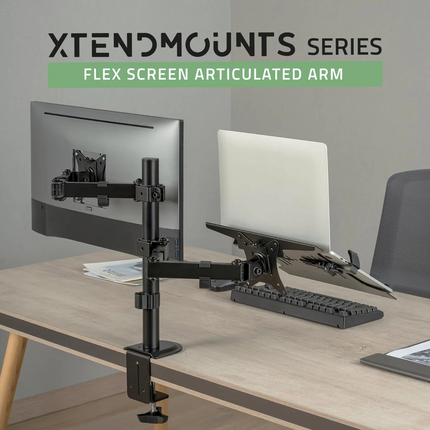 Seria XTENDMOUNTS: Stalowy przegubowy uchwyt do ekranu PC 17/32'' VESA 75x75,100x100, taca na laptopa, tablet do przechowywania i uchwyt na smartfona w zestawie (Flex)