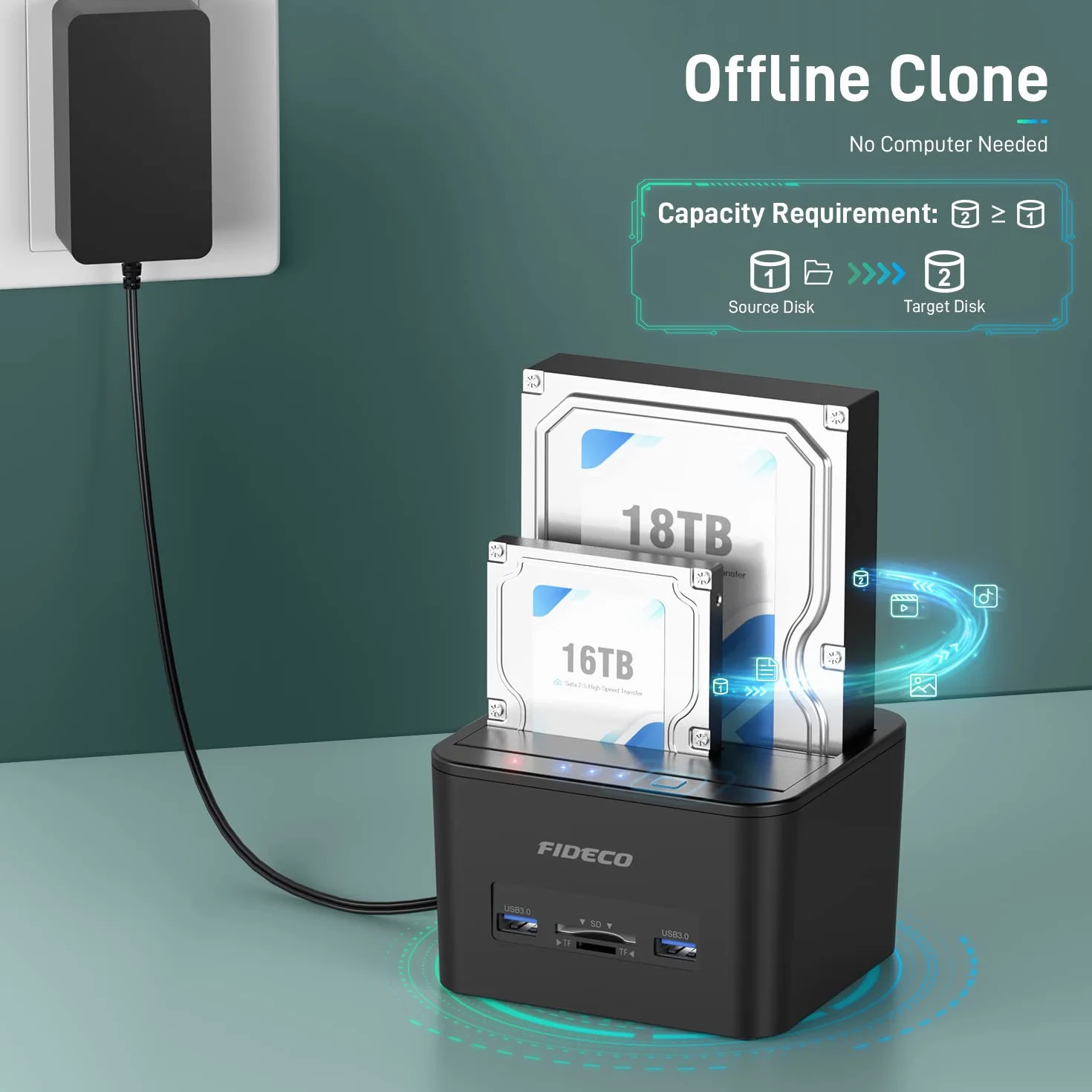 FIDECO Stacje Dokujące do Dysków Twardych, usb 3.0 Zewnętrzny Dysk Twardy Stacja Dokująca dla 2.5''/3.5'' SATA HDD oraz SSD, Obsługa klonowania offline, czytnika kart TF i SD