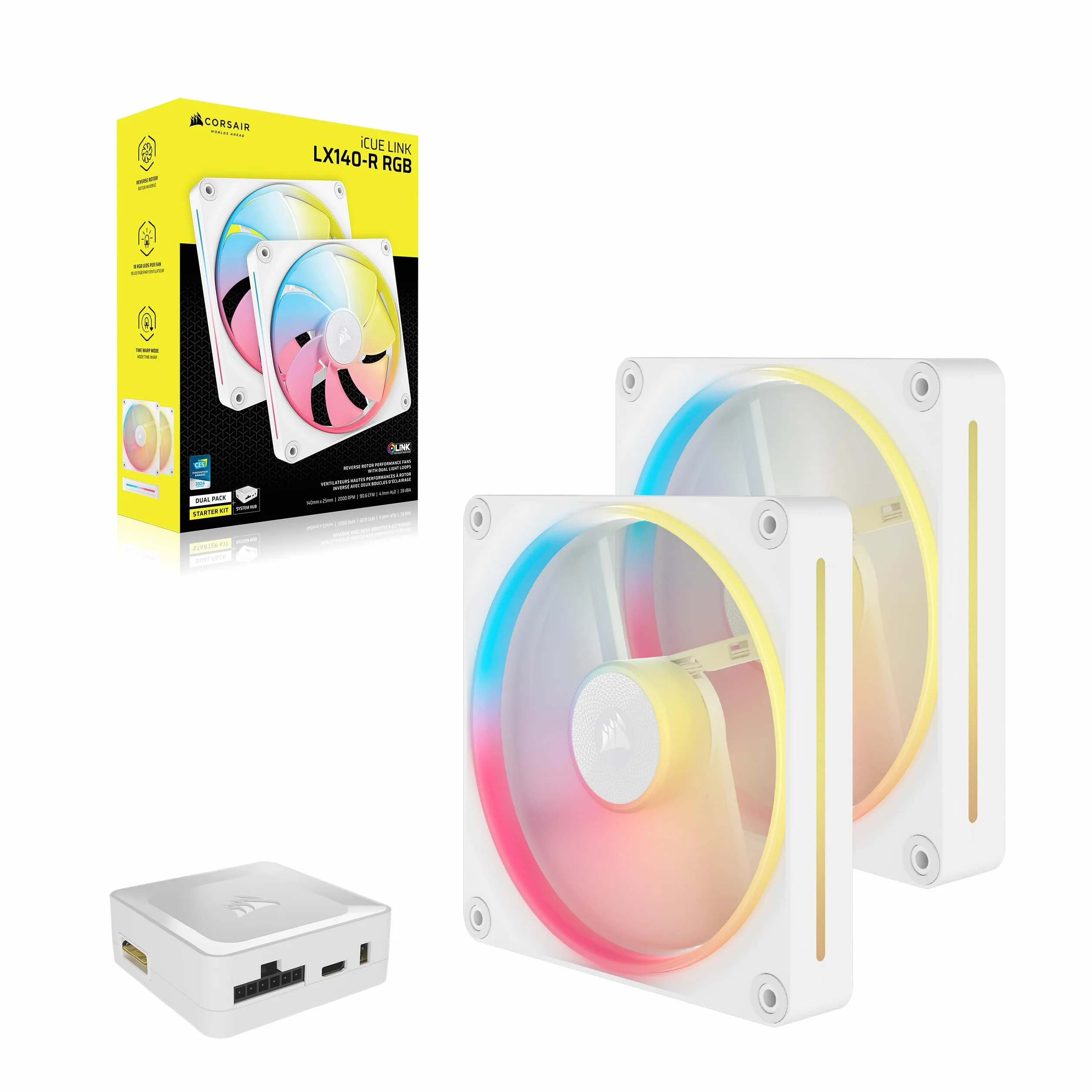 CORSAIR iCUE LINK LX140-R RGB 140mm PWM Wentylator Zestaw Startowy Odwrócony Przepływ Biały