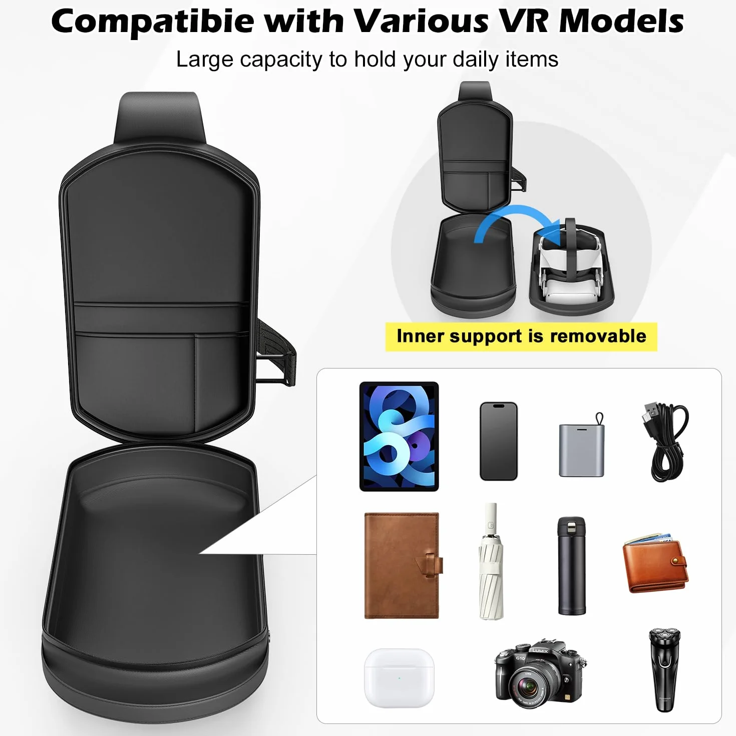 Torba do przenoszenia kompatybilna z Meta Quest 3S/Quest 3/Quest 2/Vision Pro/Pico 4, Hard Travel Case, kompatybilna z Kiwi Design, czarny, VRBag